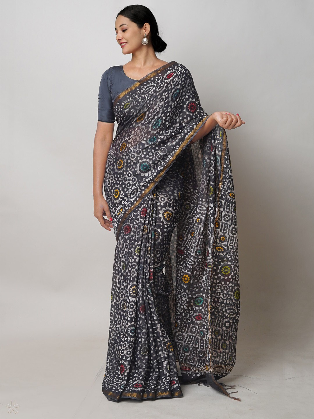 

Unnati Silks Batik Printed Silk Cotton Chanderi Saree, Black