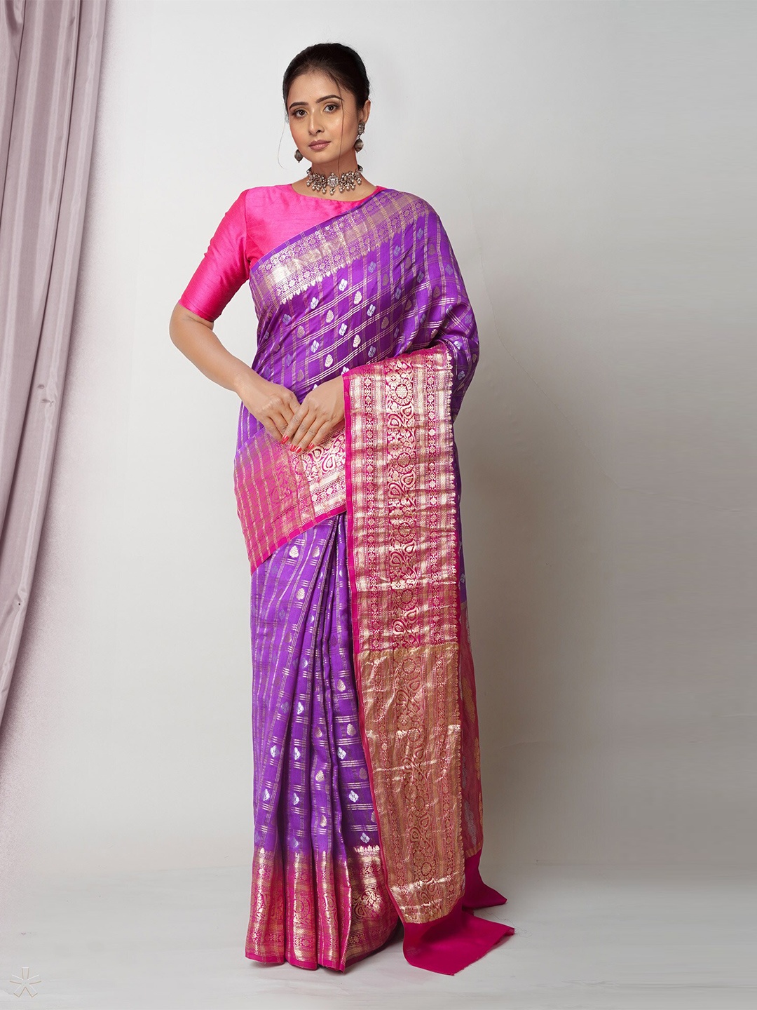 

Unnati Silks Ethnic Motifs Woven Design Chiniya Banarasi Saree, Violet