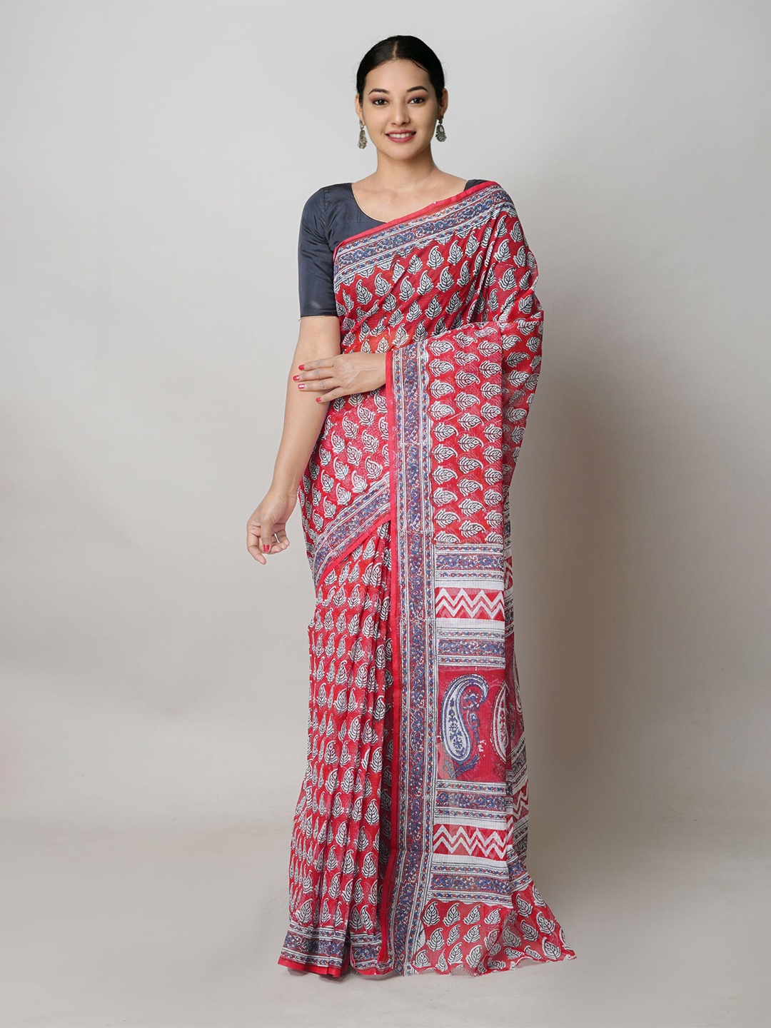 

Unnati Silks Ethnic Motifs Block Printed Pure Cotton Kota Saree, Red