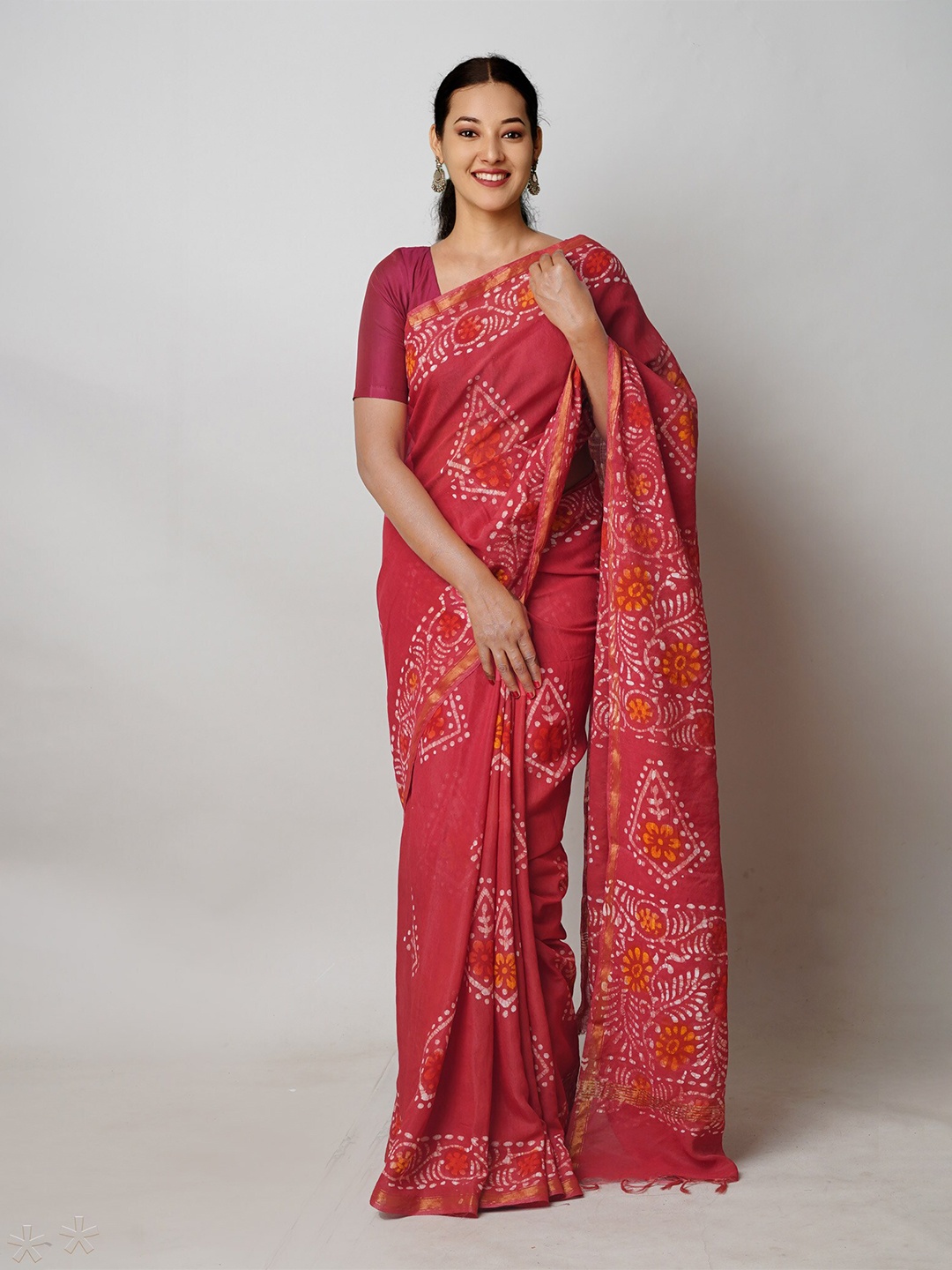 

Unnati Silks Batik Hand Block Printed Chanderi Sico Saree, Red