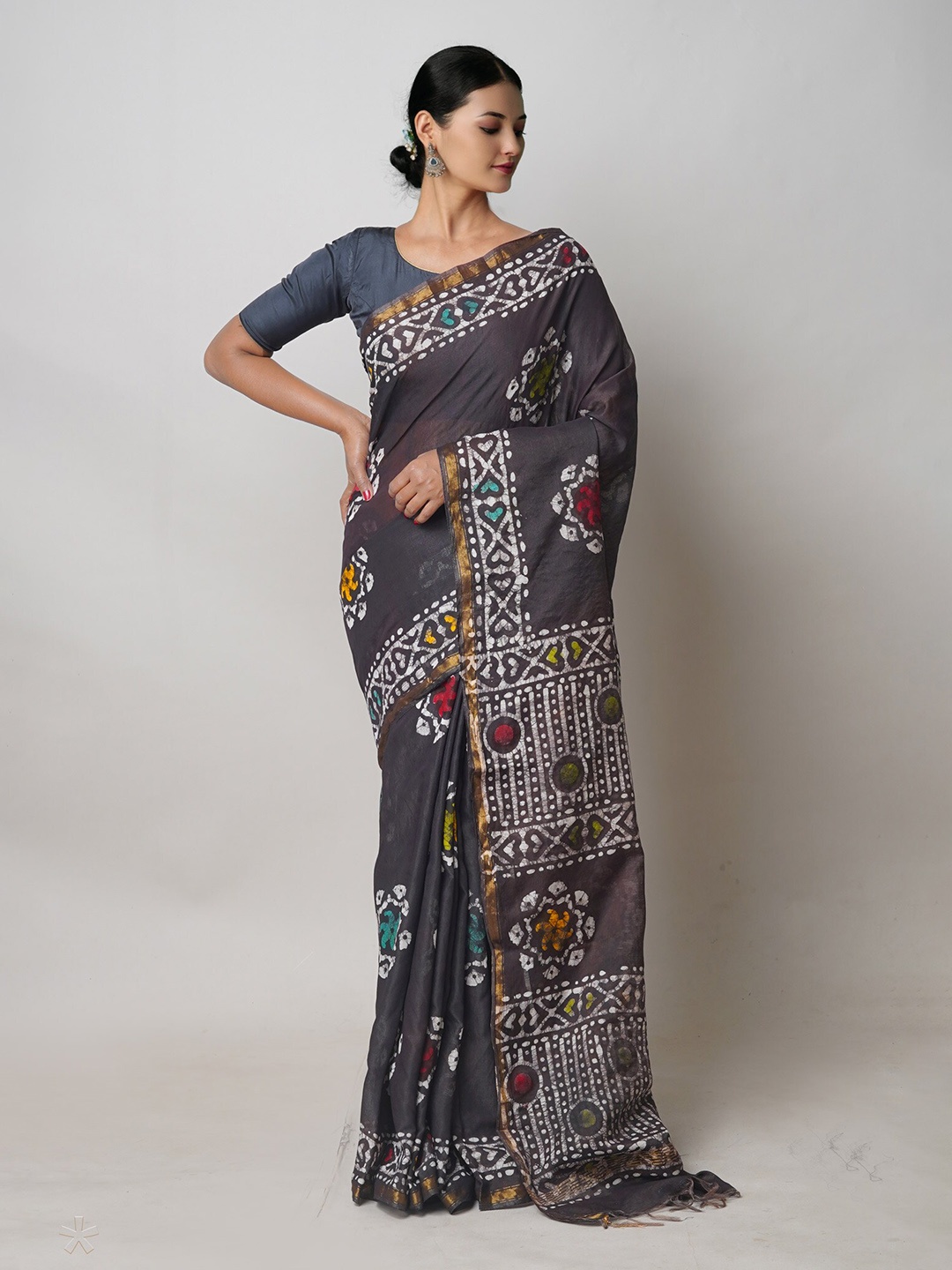 

Unnati Silks Batik Printed Silk Cotton Chanderi Saree, Black