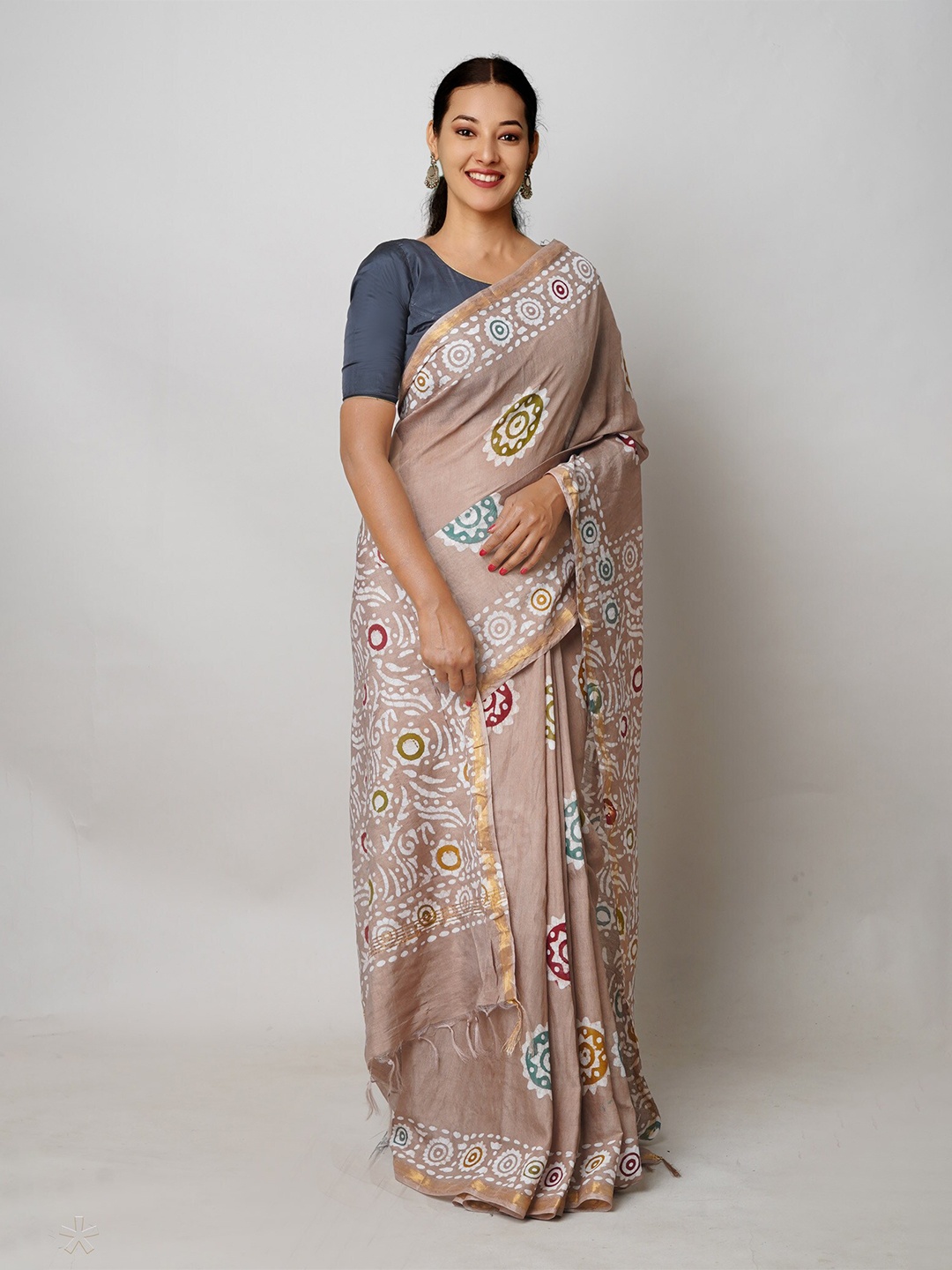 

Unnati Silks Batik Printed Silk Cotton Chanderi Saree, Beige