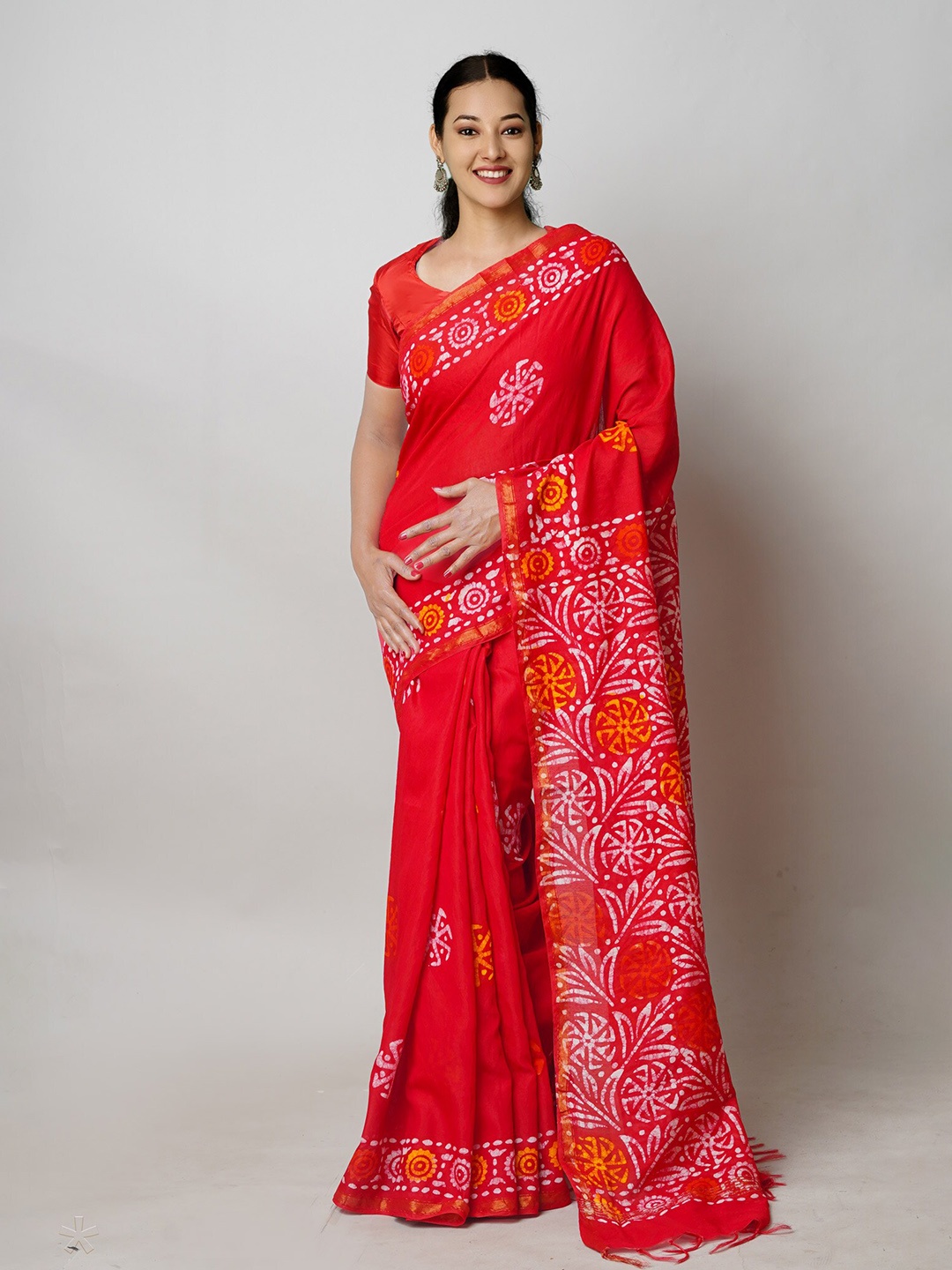 

Unnati Silks Batik Printed Silk Cotton Chanderi Saree, Red