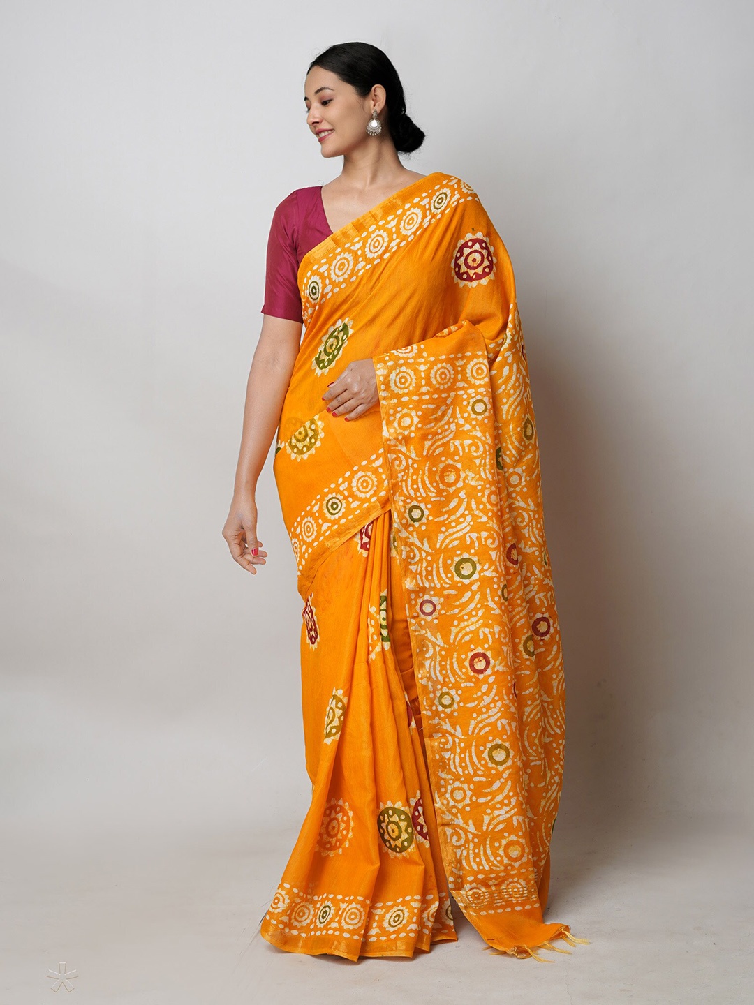 

Unnati Silks Batik Hand Block Printed Chanderi Sico Saree, Yellow