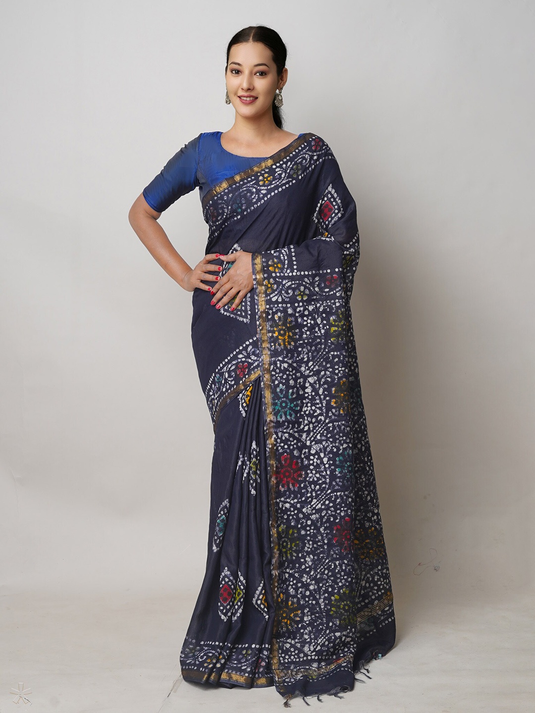 

Unnati Silks Batik Hand Block Printed Chanderi Sico Saree, Navy blue