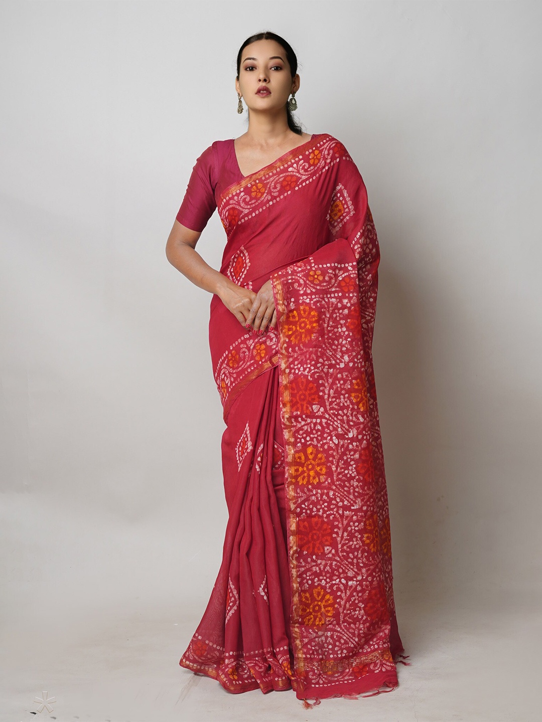 

Unnati Silks Batik Printed Silk Cotton Chanderi Saree, Red