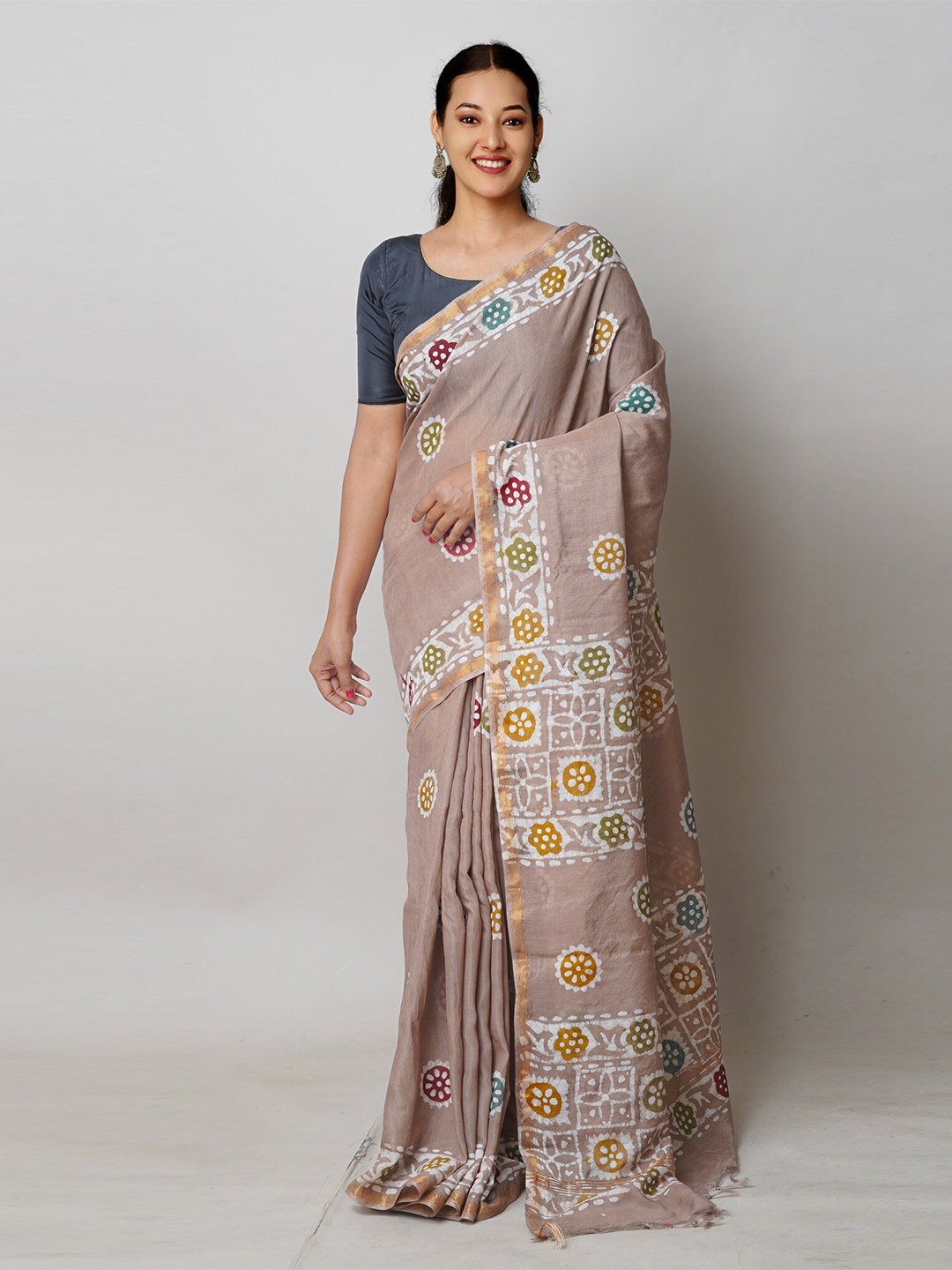 

Unnati Silks Batik Hand Block Printed Chanderi Sico Saree, Beige
