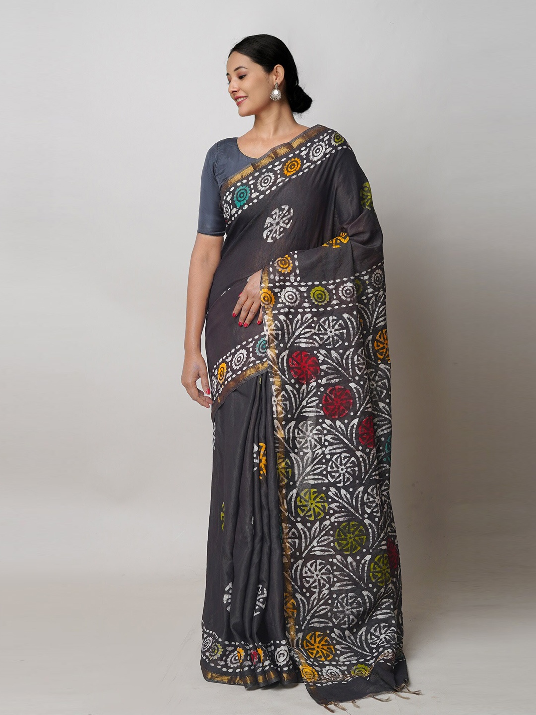 

Unnati Silks Batik Printed Silk Cotton Chanderi Saree, Black