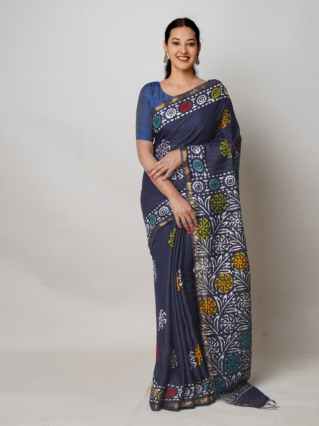 

Unnati Silks Batik Printed Silk Cotton Chanderi Saree, Navy blue
