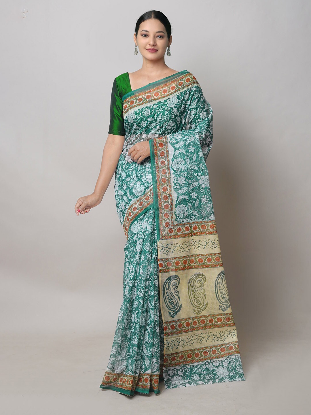 

Unnati Silks Ethnic Motifs Printed Pure Cotton Handloom Kota Saree, Green