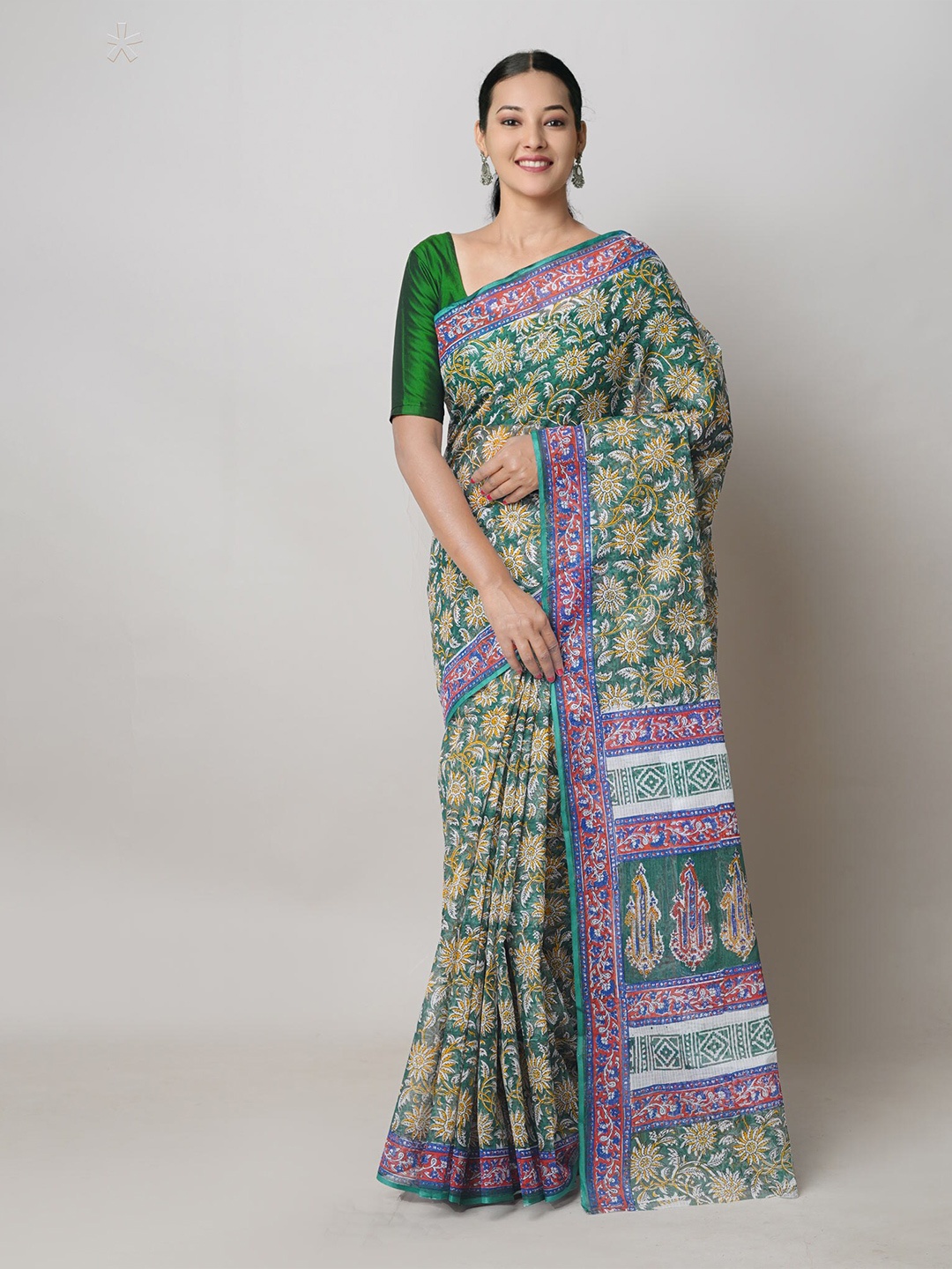 

Unnati Silks Ethnic Motifs Printed Pure Cotton Handloom Kota Saree, Green