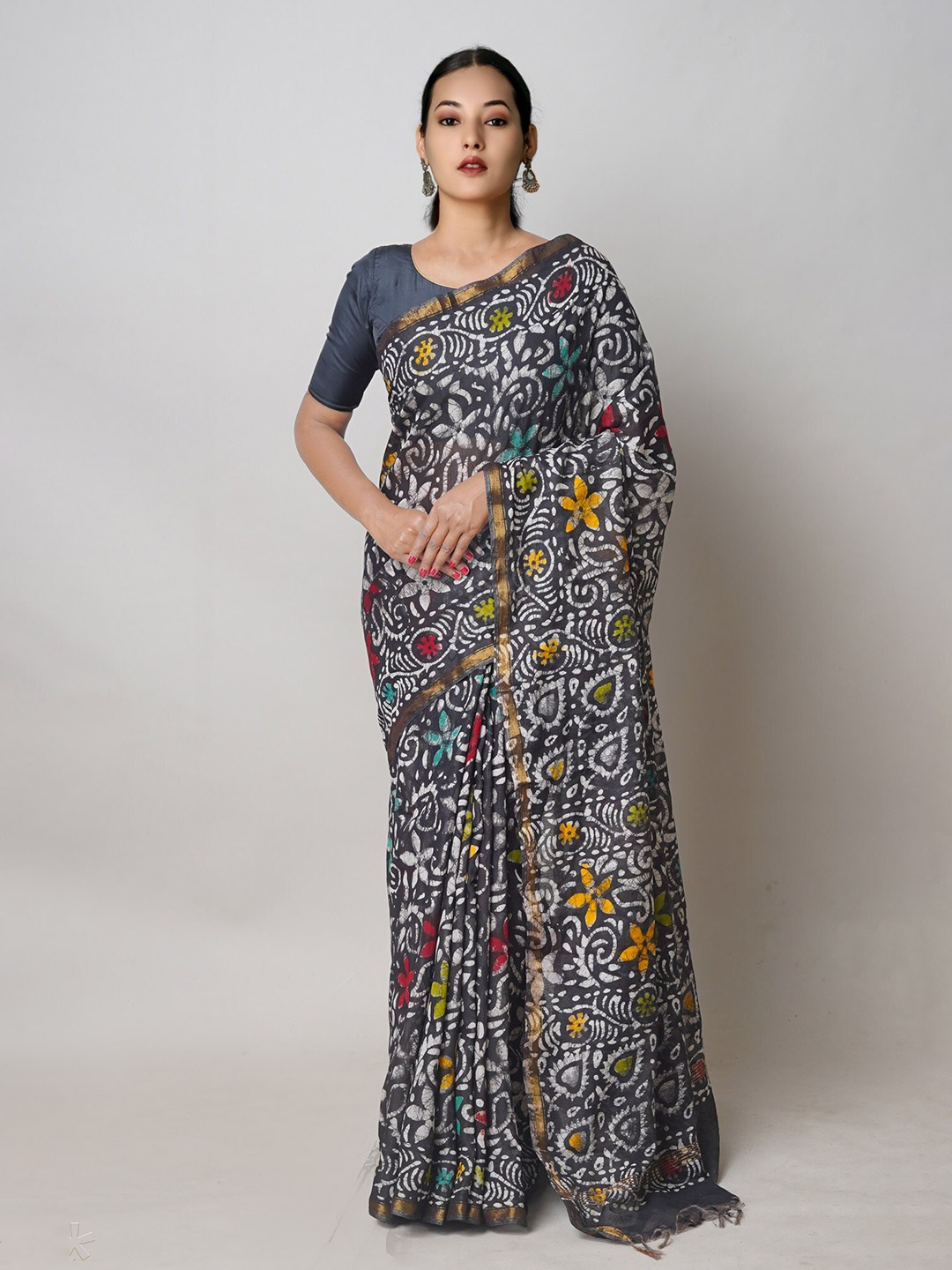 

Unnati Silks Batik Printed Silk Cotton Chanderi Saree, Black