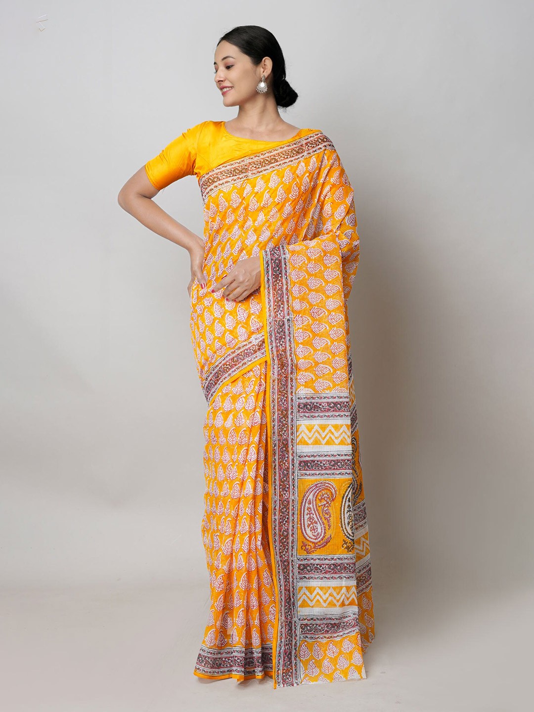 

Unnati Silks Paisley Block Printed Pure Cotton Kota Saree, Yellow