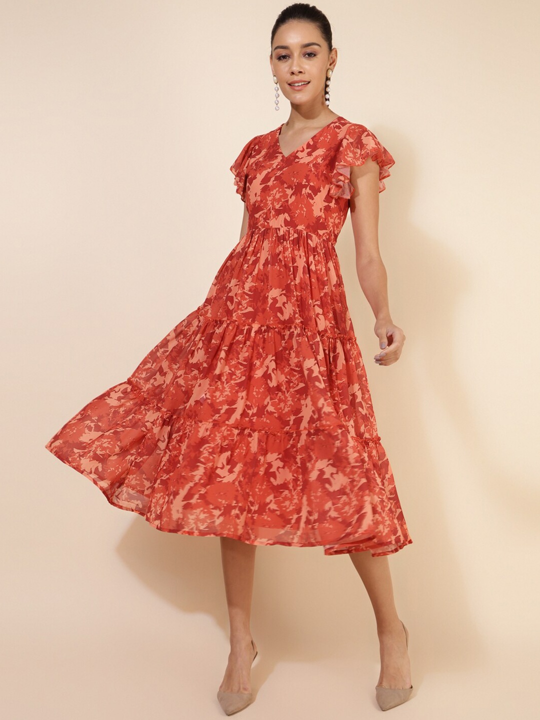 

Janasya Floral Printed V-Neck Flared Sleeves Fit and Flare Dress, Red