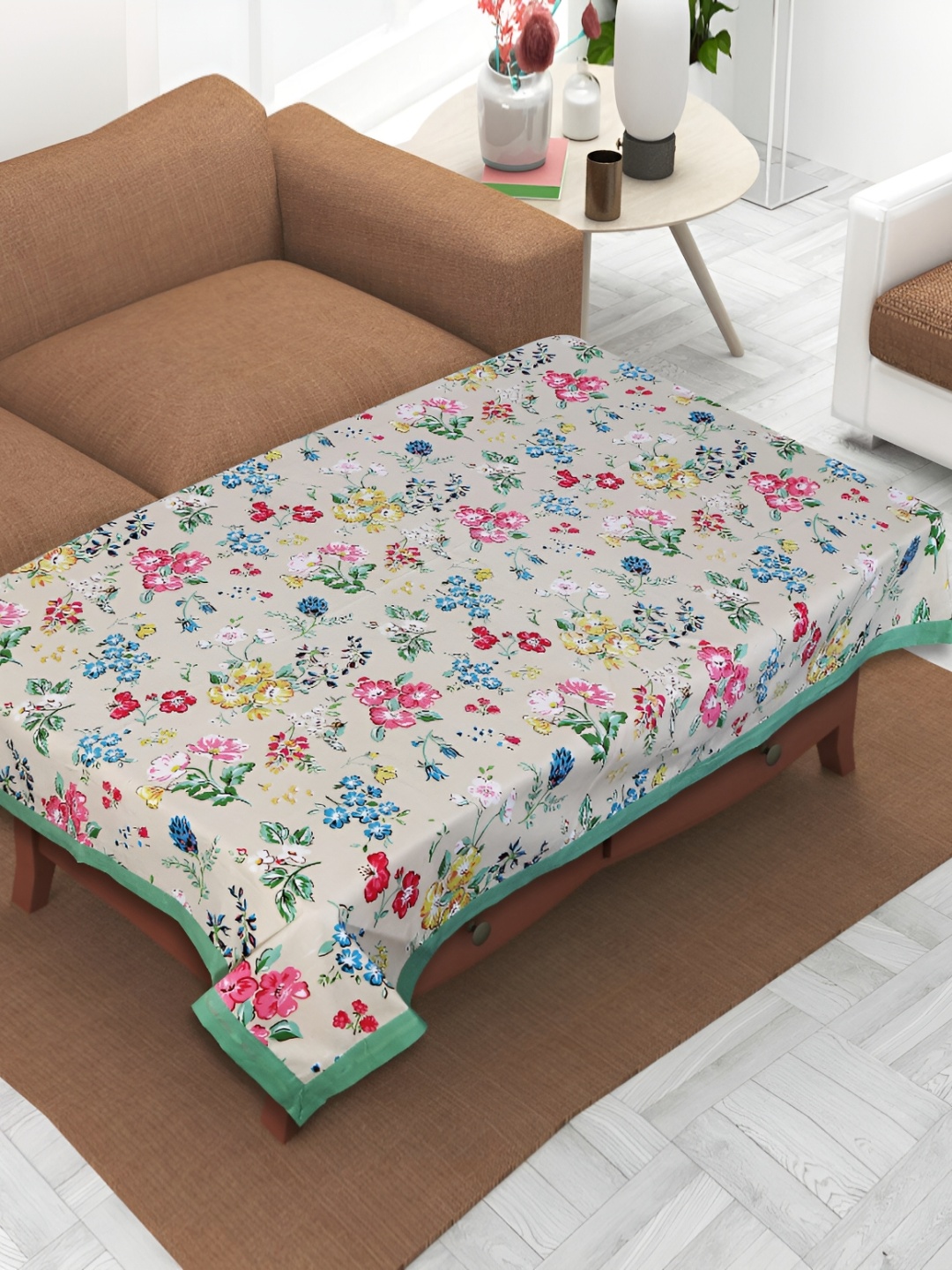 

Texstylers Beige & Pink Floral Anti Slip Cotton 4 Seater Rectangle Table Cover