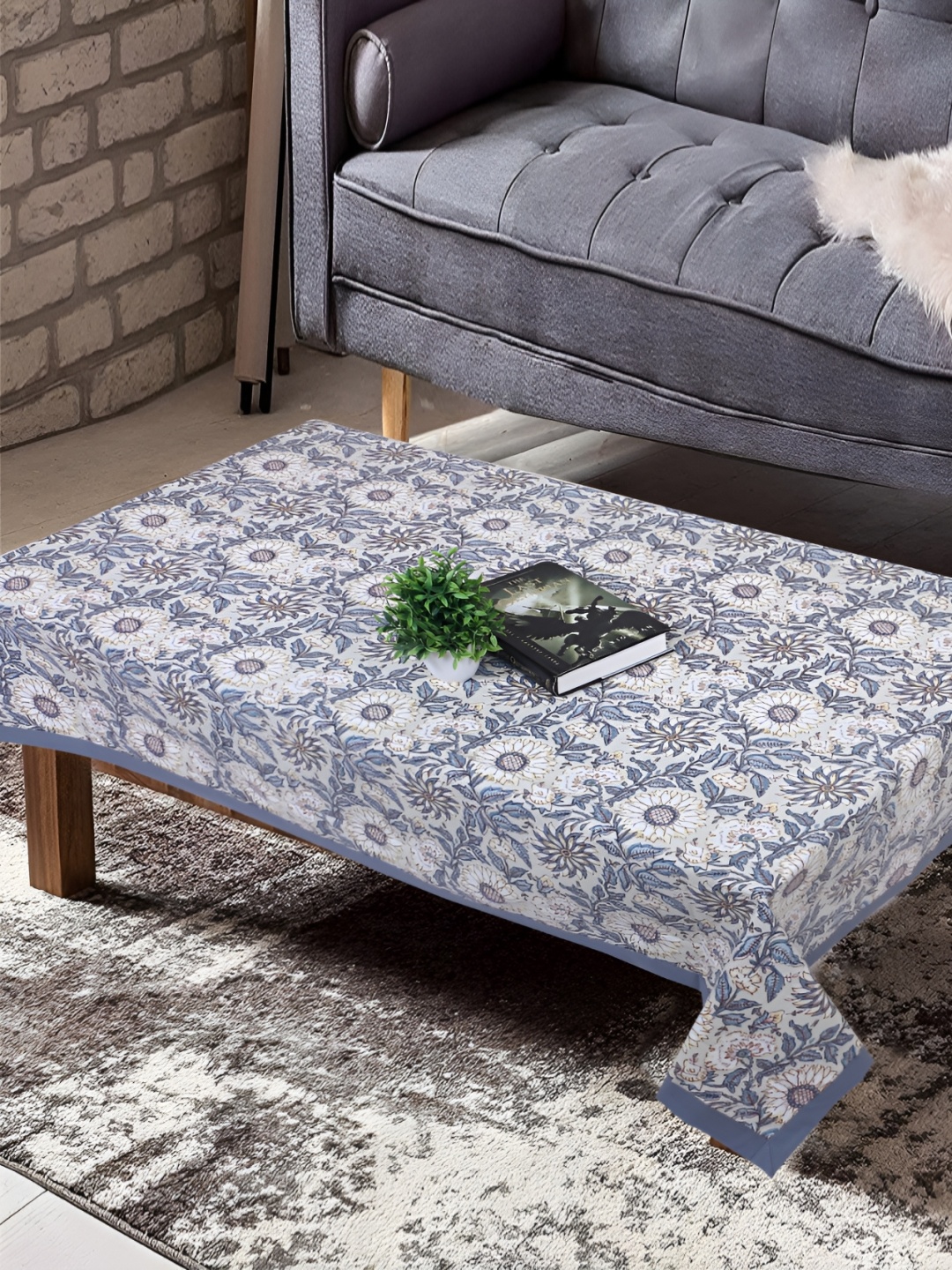 

Texstylers Beige & Blue 4 Seater Printed Cotton Anti Slip Table Cover