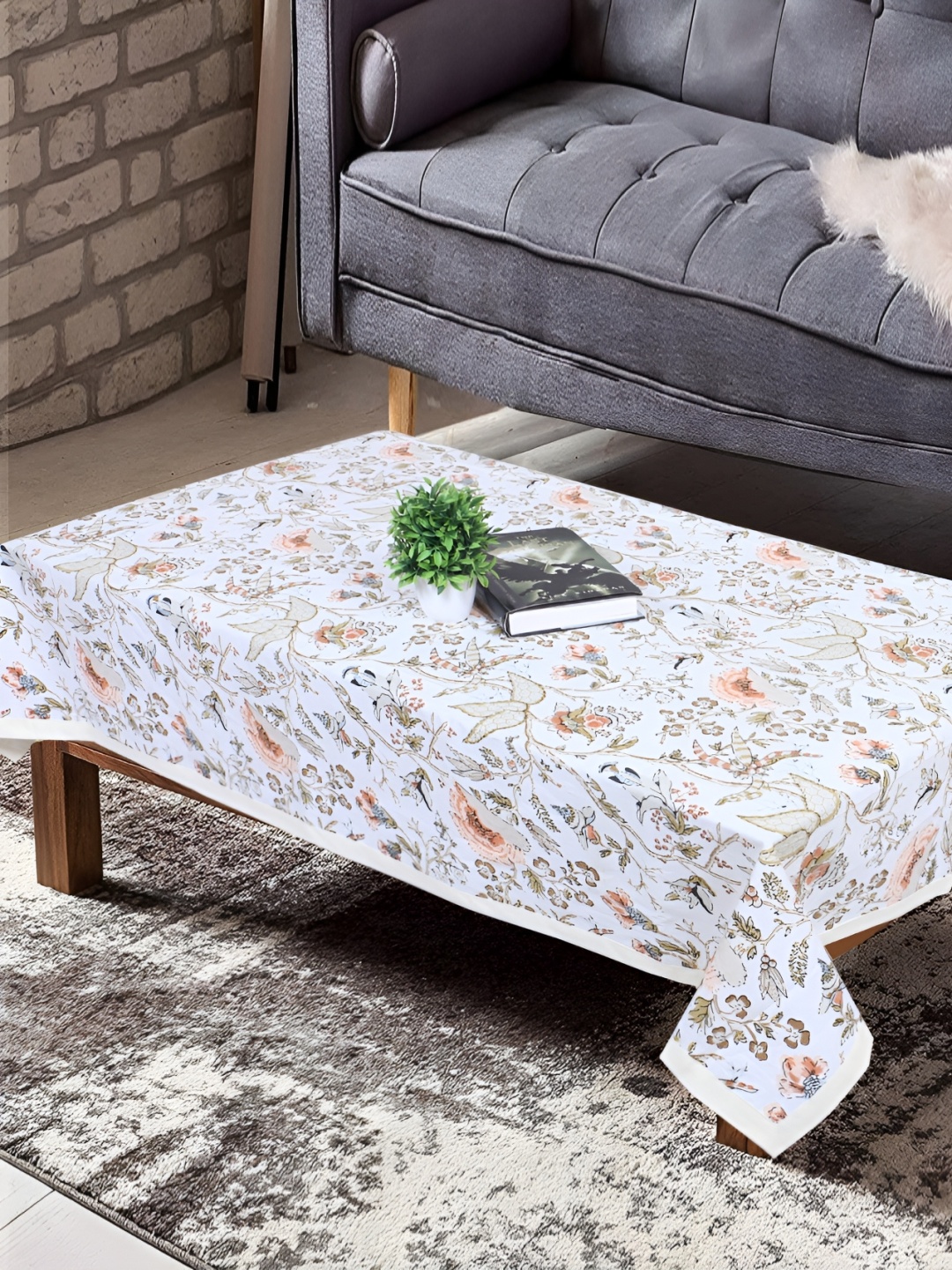 

Texstylers Blue & Orange Floral Printed Anti-Slip Cotton 4-Seater Table Cover