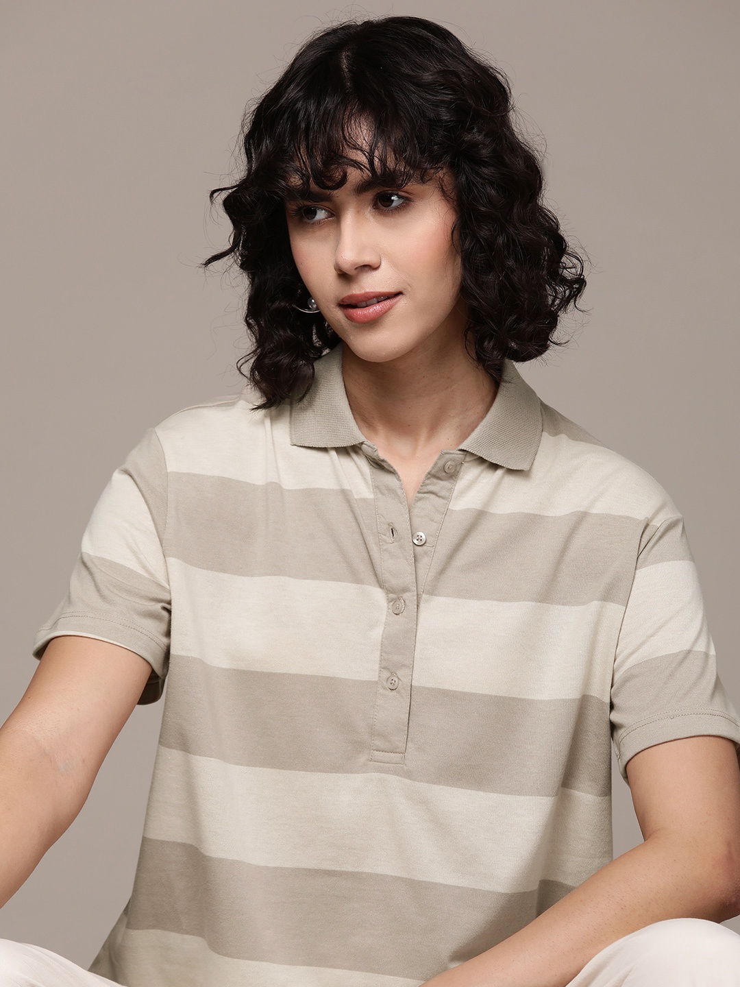 

The Roadster Lifestyle Co. Striped Polo Collar Boxy T-shirt, Taupe