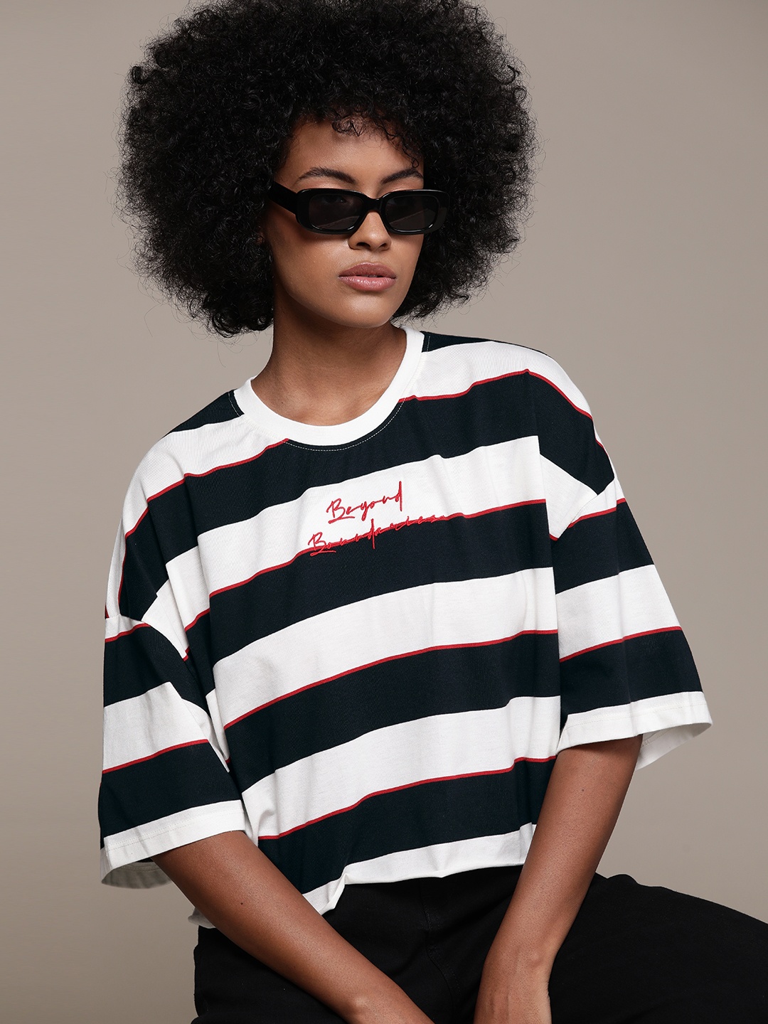 

The Roadster Lifestyle Co. Striped Oversized Monochrome T-shirt, White