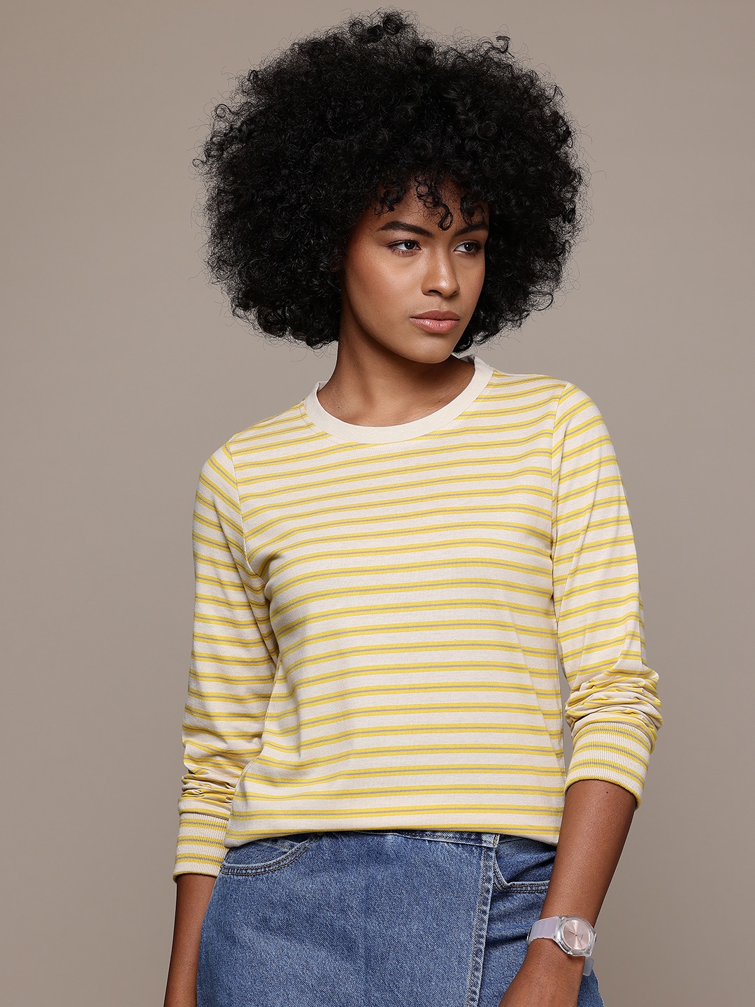 

The Roadster Lifestyle Co. Women Striped T-shirt, Yellow