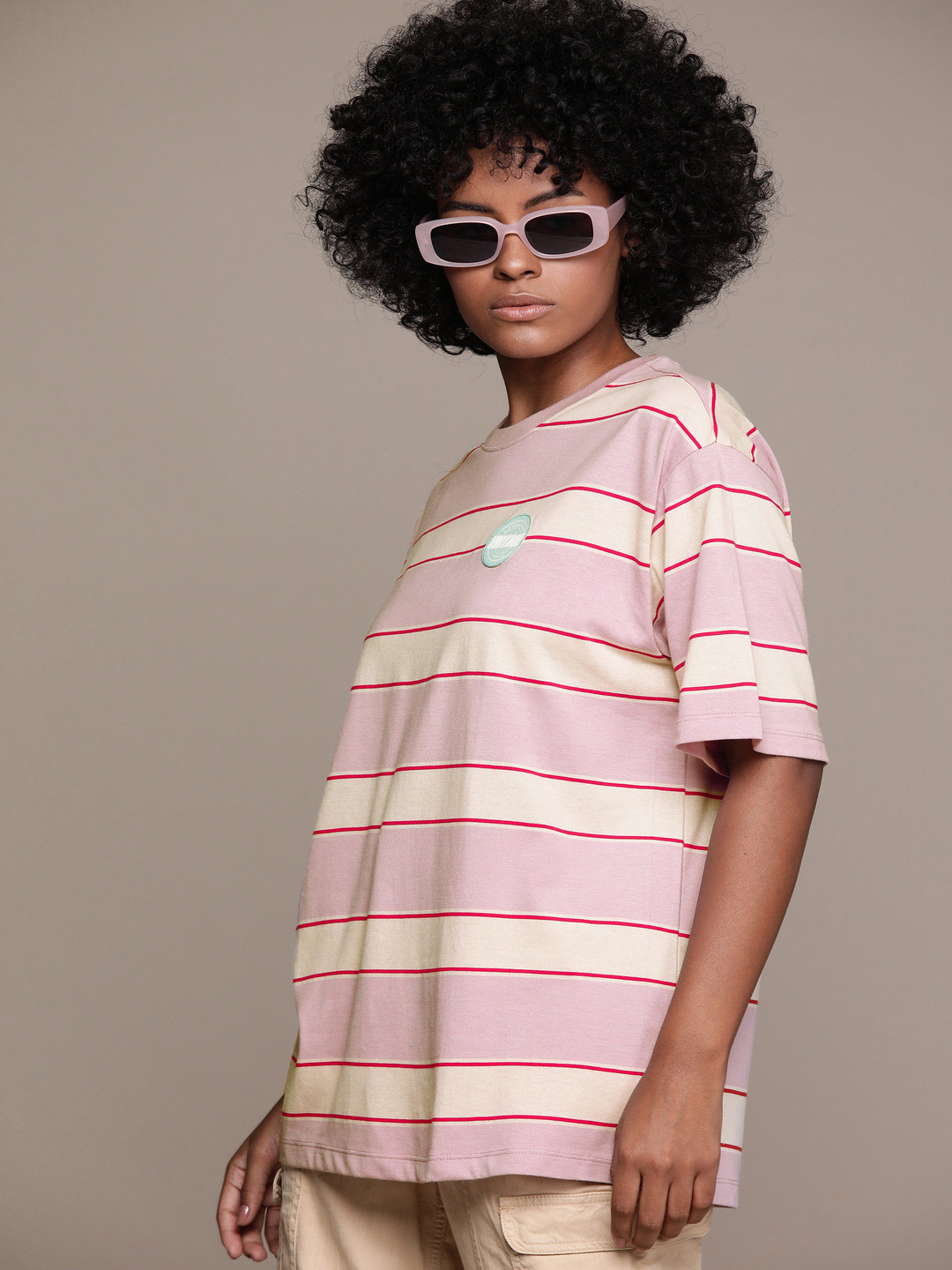 

The Roadster Lifestyle Co. Women Striped Oversized Longline T-shirt, Pink