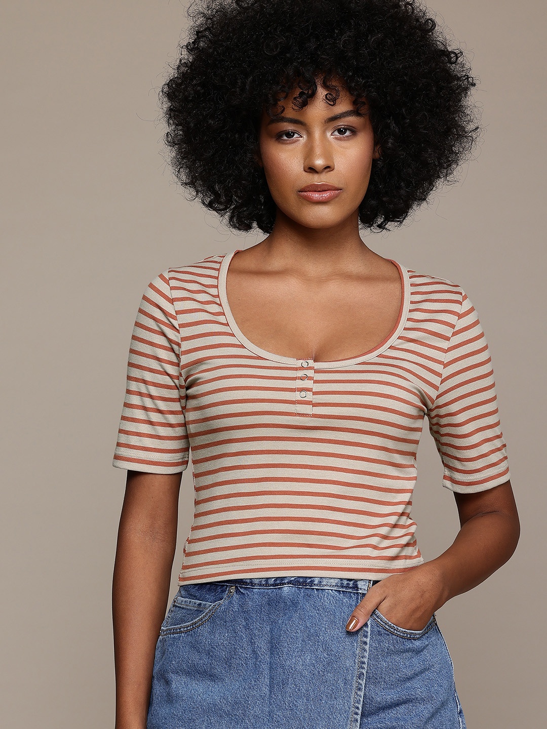 

The Roadster Lifestyle Co. Striped Scoop Neck Top, Taupe