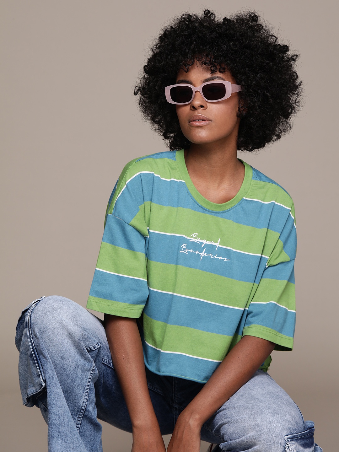 

The Roadster Lifestyle Co. Women Striped Oversized Crop T-shirt, Green