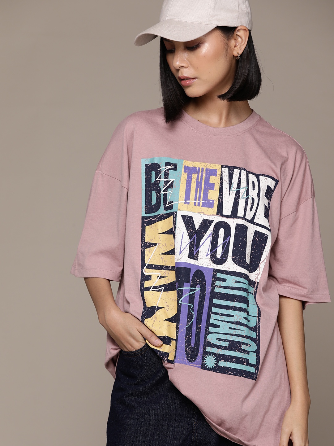 

The Roadster Lifestyle Co. Printed Drop-Shoulder Sleeves Oversized T-shirt, Mauve