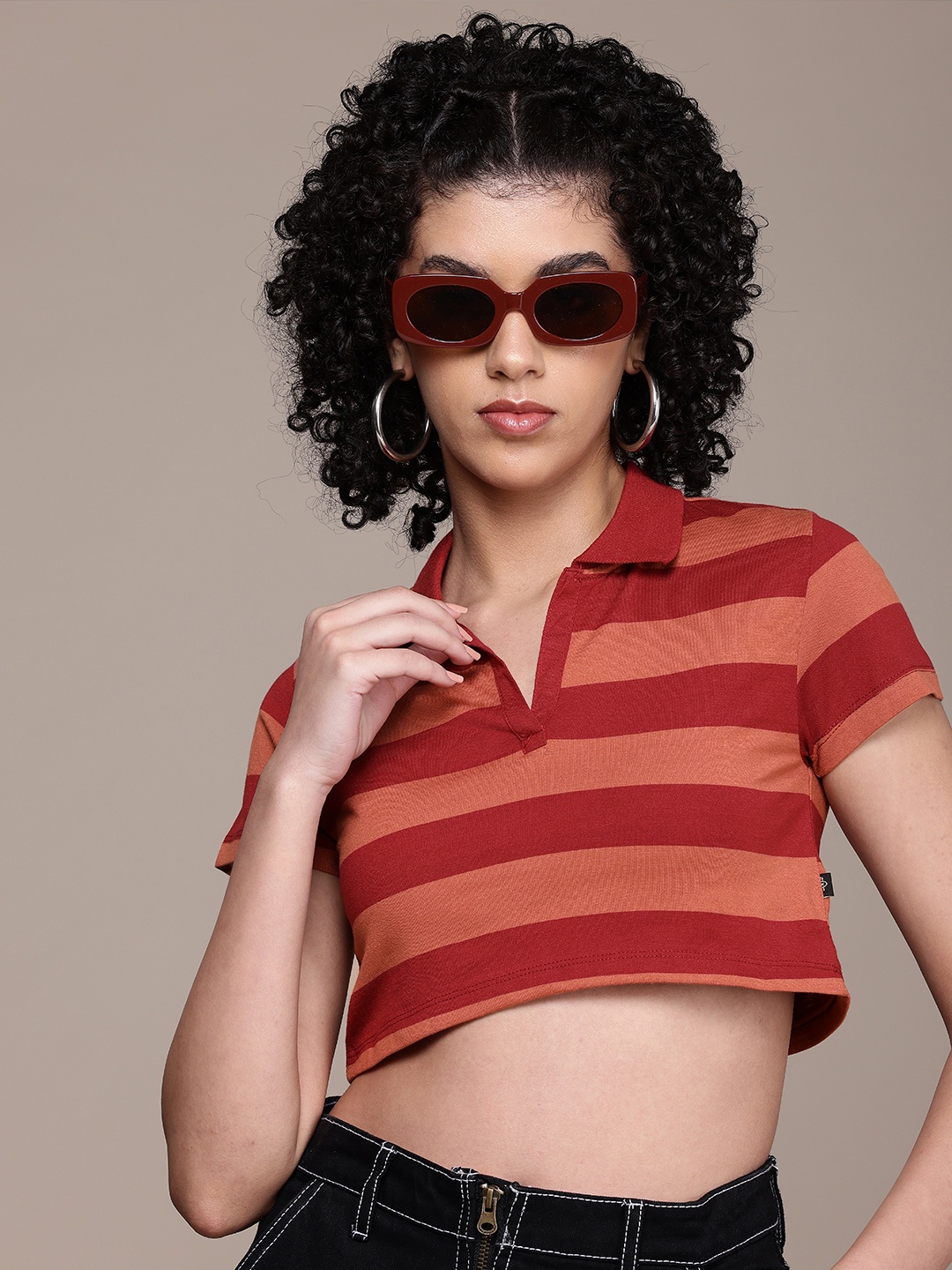 

The Roadster Life Co. Striped Polo Collar Slim Fit Crop T-shirt, Maroon