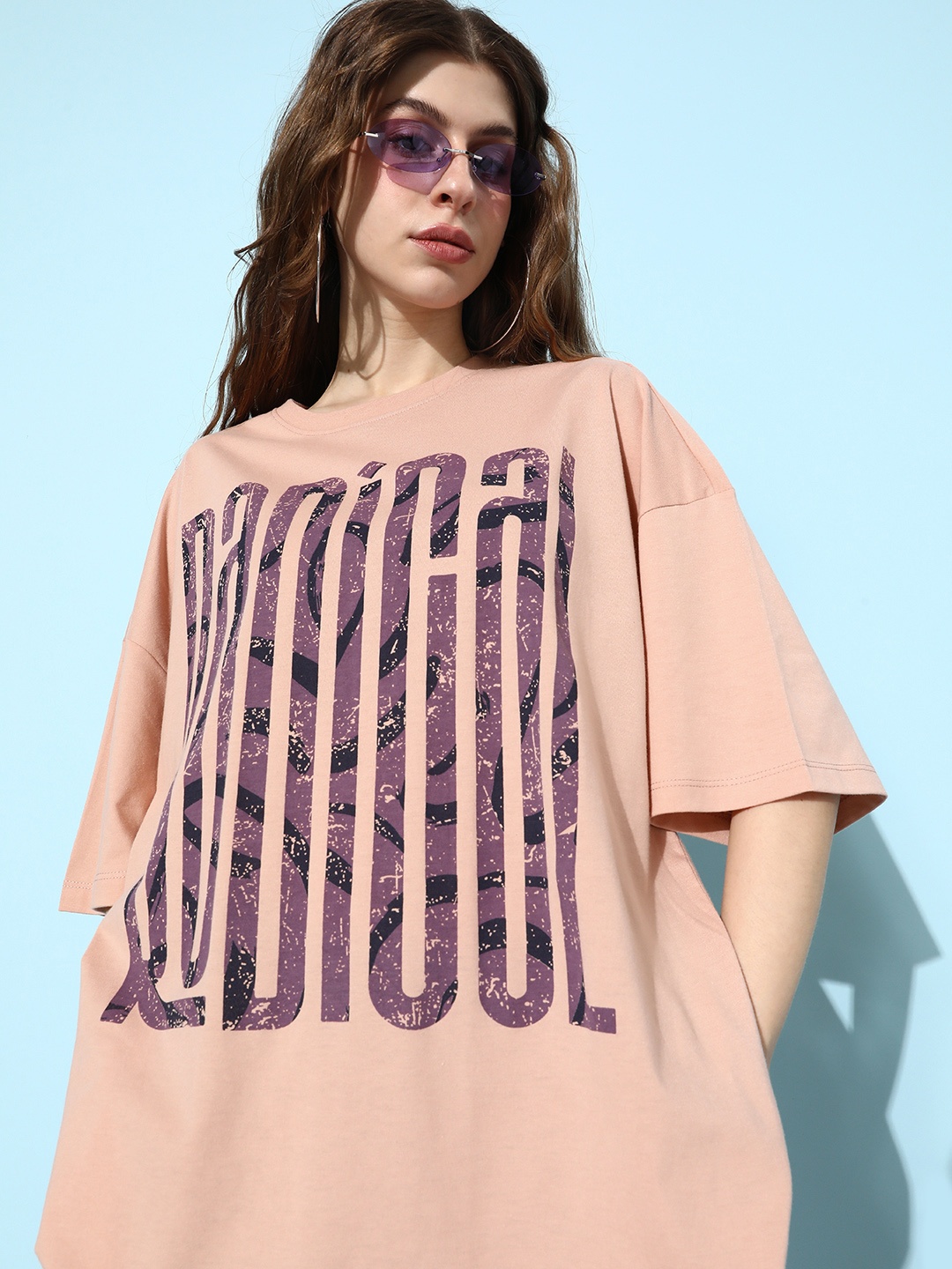 

The Roadster Life Co. Typography Printed Drop-Shoulder Sleeves Oversized Fit T-shirt, Peach