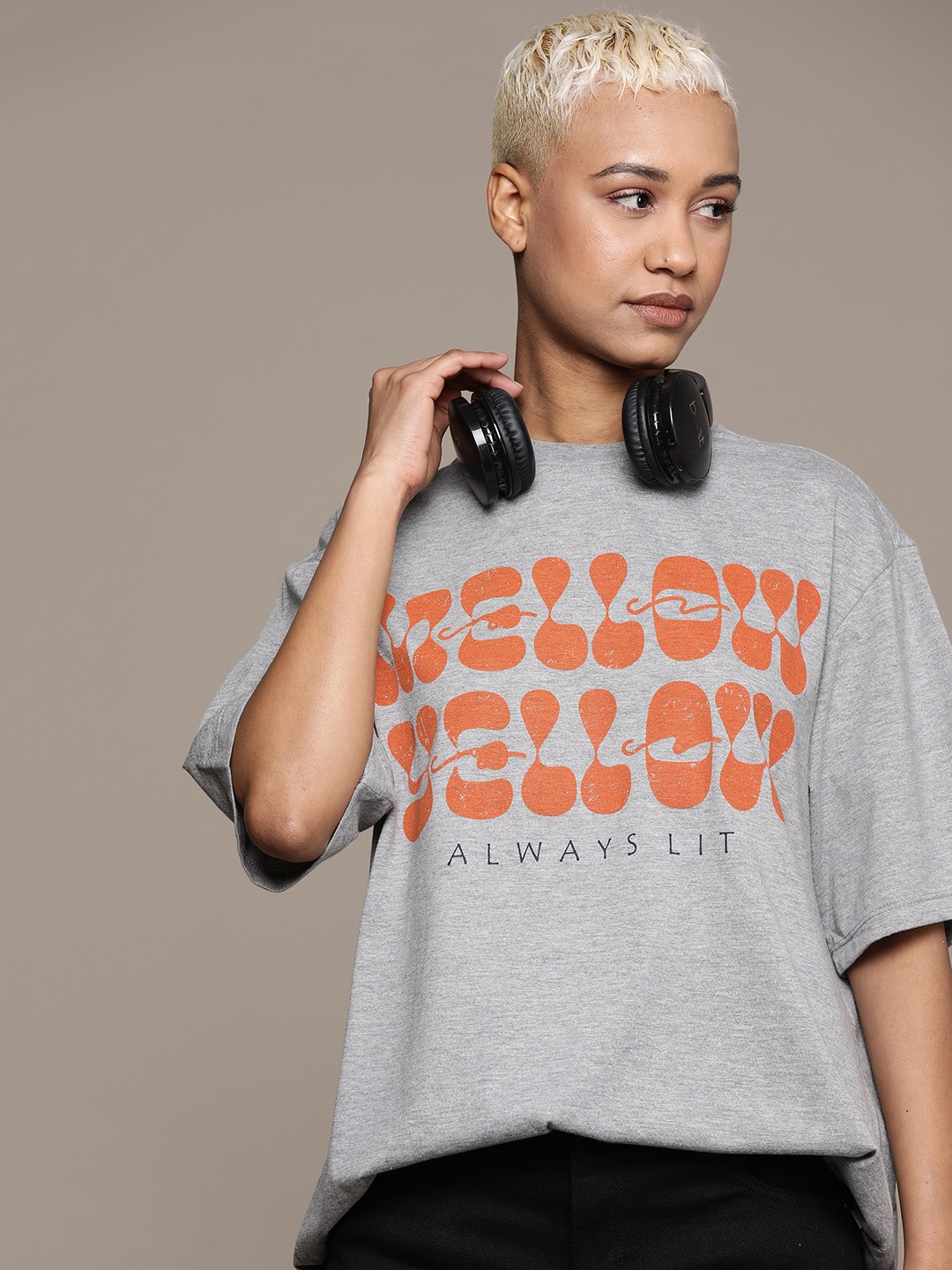 

The Roadster Lifestyle Co. Printed Oversized T-shirt, Grey melange