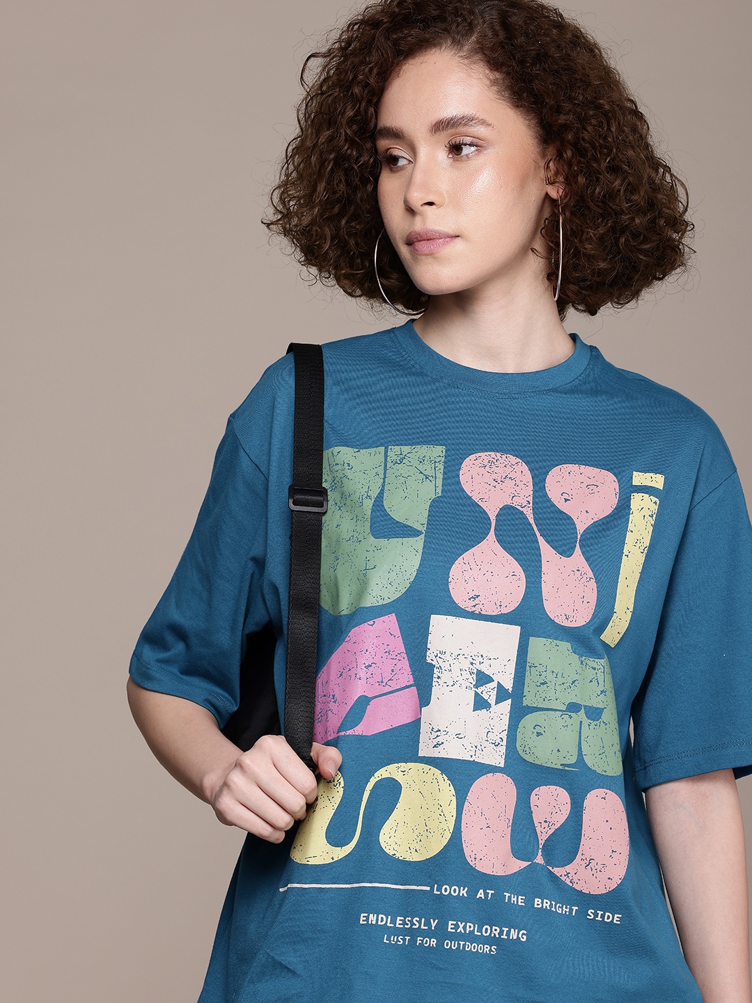 

The Roadster Life Co. Printed Oversized Drop-Shoulder Sleeves T-shirt, Blue
