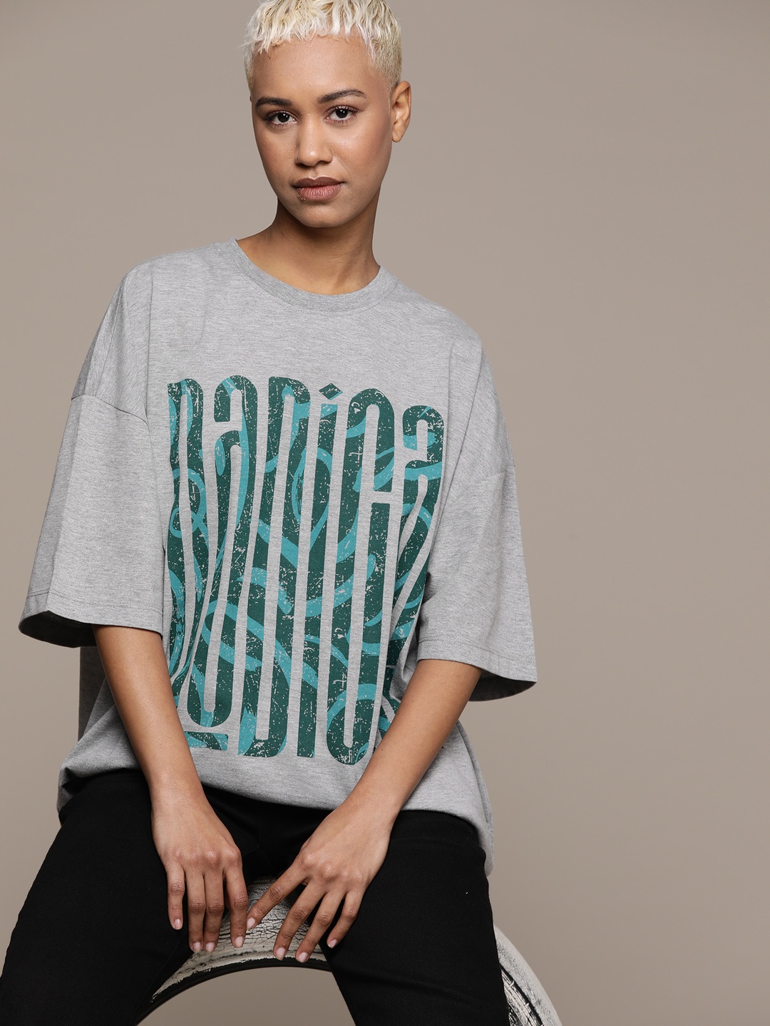 

The Roadster Lifestyle Co. Printed Oversized T-shirt, Grey melange