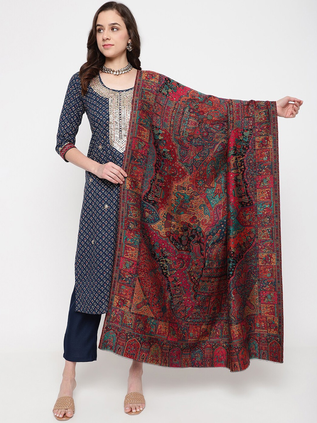 

La Vastraa Ethnic Motifs Woven-Design Woolen Shawl, Red