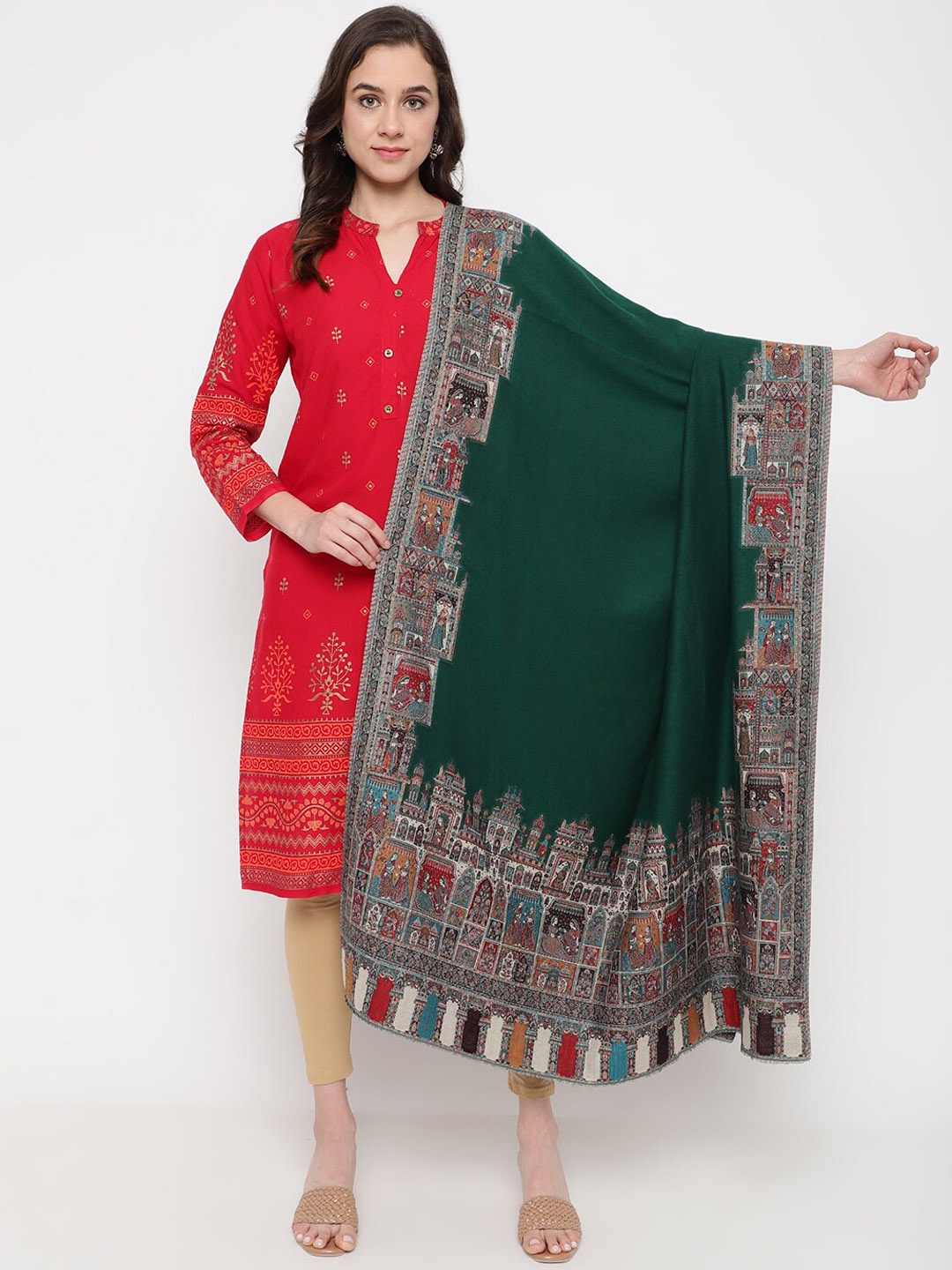 

La Vastraa Ethnic Motifs Woven-Design Pure Woolen Shawl, Green