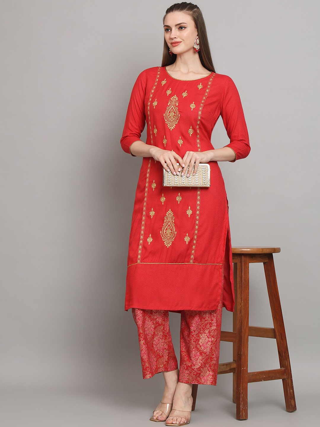 

all about you Ethnic Motifs Embroidered Regular Thread Work Kurta with Palazzos, Maroon