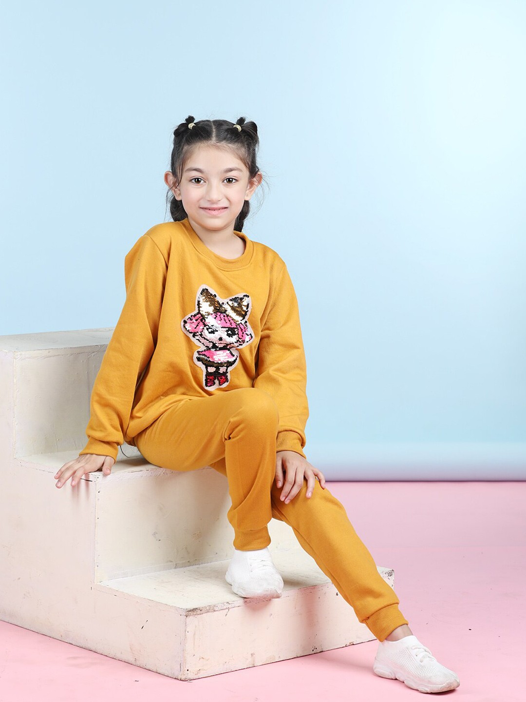 

Cutiekins Girls Graphic Printed Round Neck Fleece Sweatshirt With Joggers, Mustard