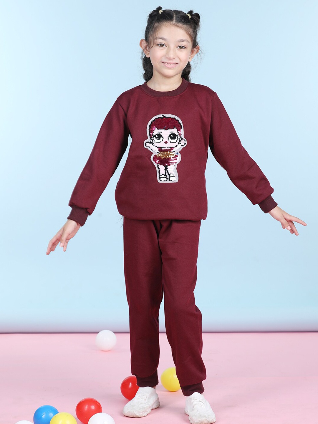 

Cutiekins Girls Graphic Printed Round Neck Fleece Sweatshirt With Joggers, Maroon