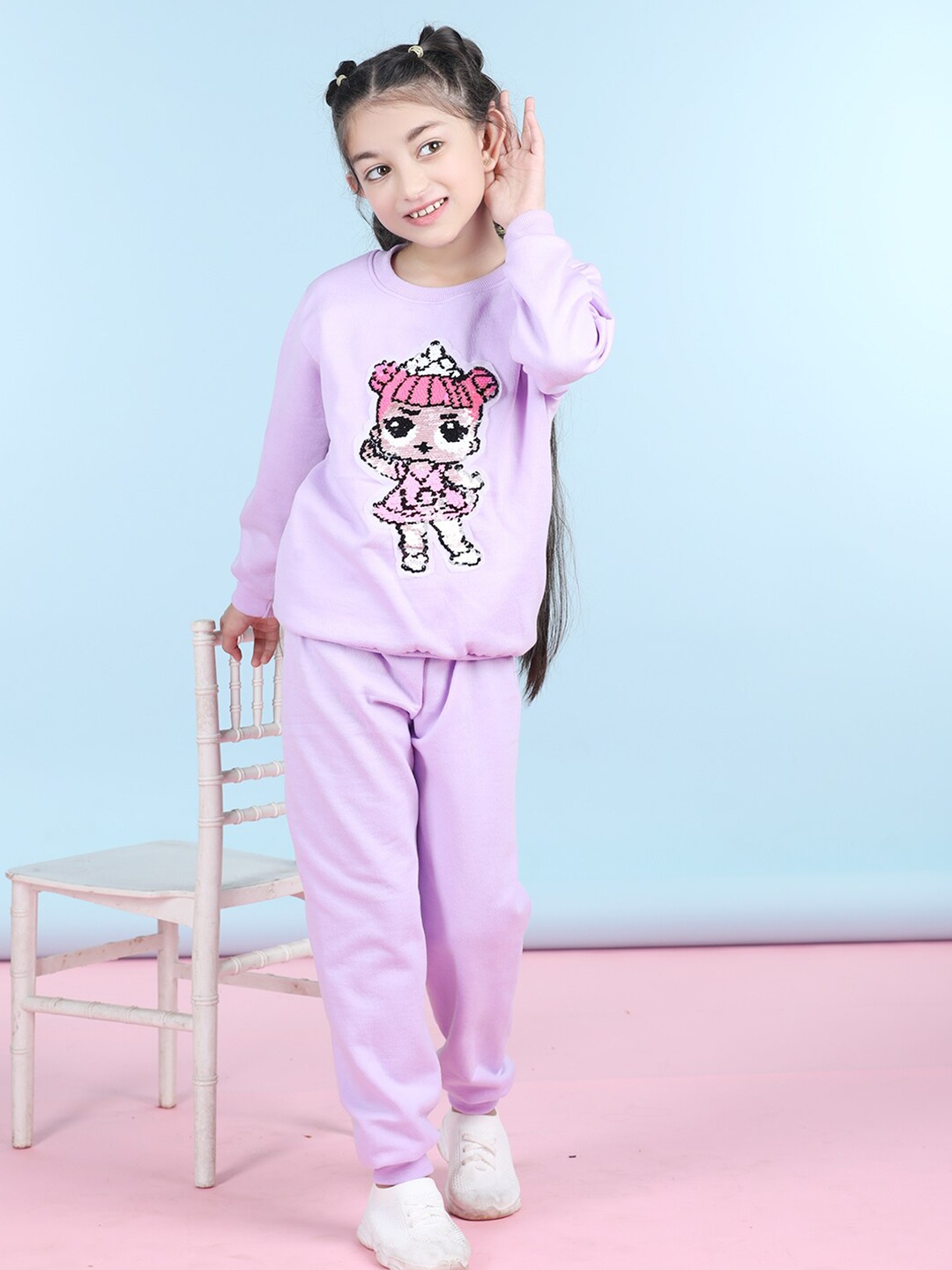 

Cutiekins Girls Graphic Printed Round Neck Fleece Sweatshirt With Joggers, Purple