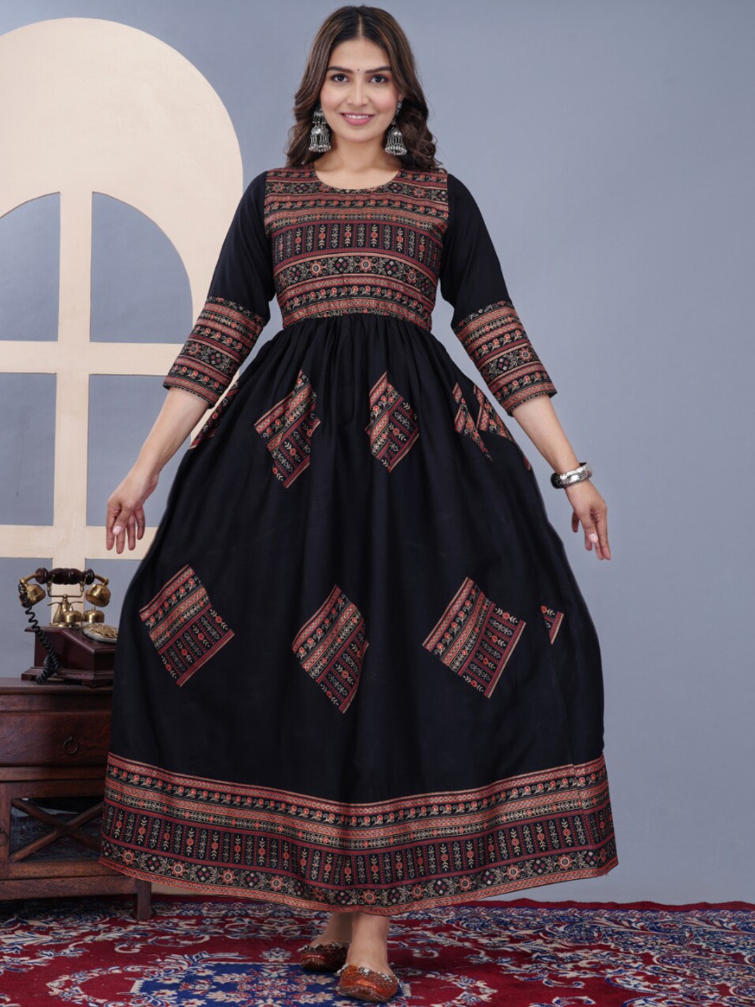 

KALINI Ethnic Motifs Printed Gathered Detailed Maxi Ethnic Dress, Black