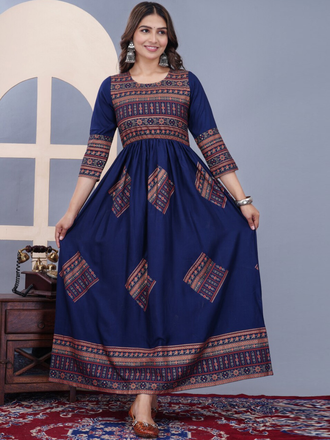 

KALINI Ethnic Motifs Printed Gathered Detailed Maxi Ethnic Dress, Blue