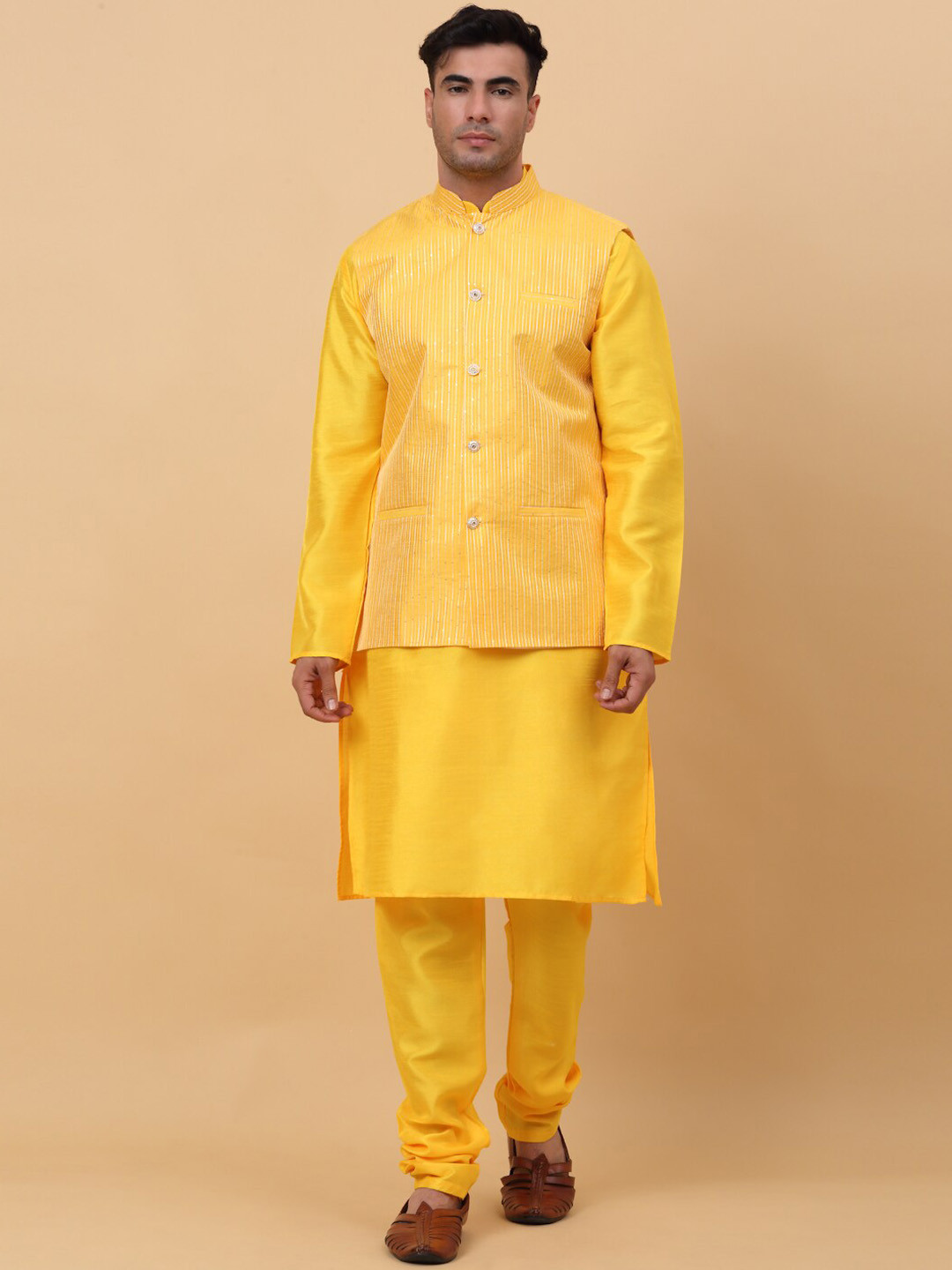 

KRAFT INDIA Mandarin Collar Kurta With Churidar & Striped Sequinned Nehru Jacket, Yellow