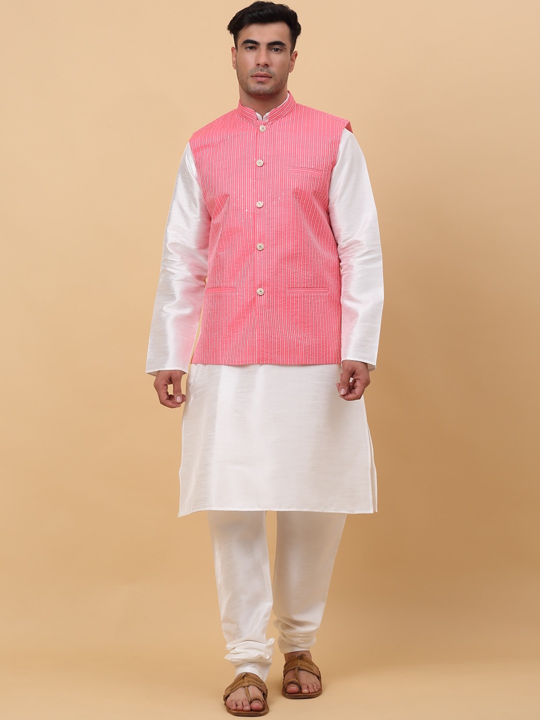 

KRAFT INDIA Mandarin Collar Kurta With Churidar & Striped Sequinned Nehru Jacket, Cream