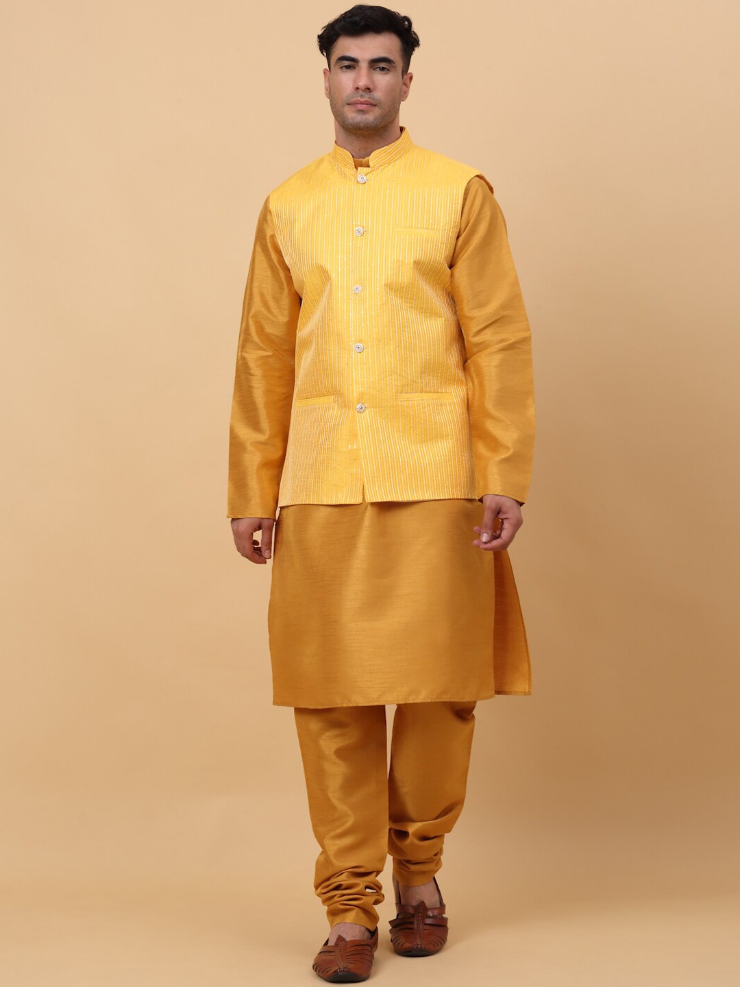 

KRAFT INDIA Mandarin Collar Kurta With Churidar & Nehru Jacket, Mustard