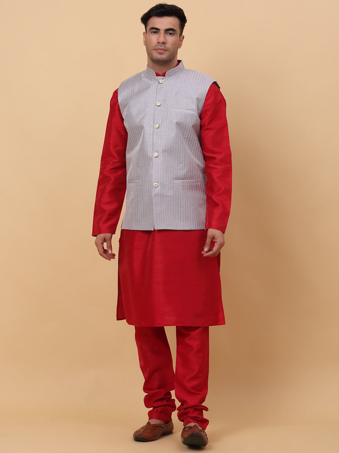 

KRAFT INDIA Mandarin Collar Kurta With Churidar & Nehru Jacket, Maroon