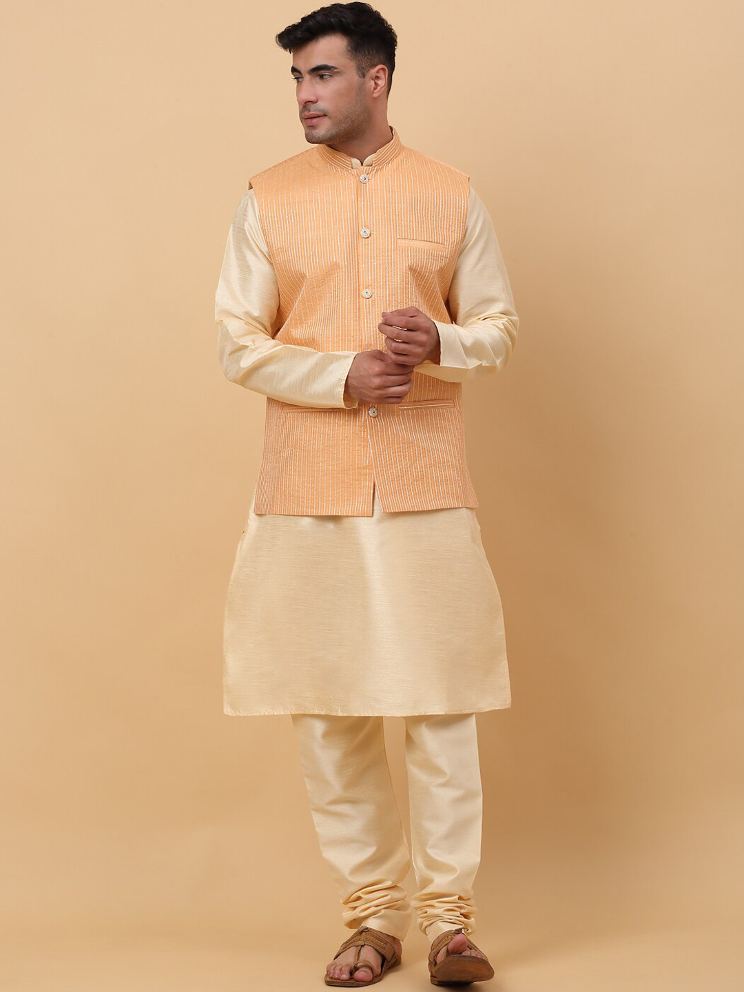 

KRAFT INDIA Mandarin Collar Kurta With Churidar & Nehru Jacket, Beige