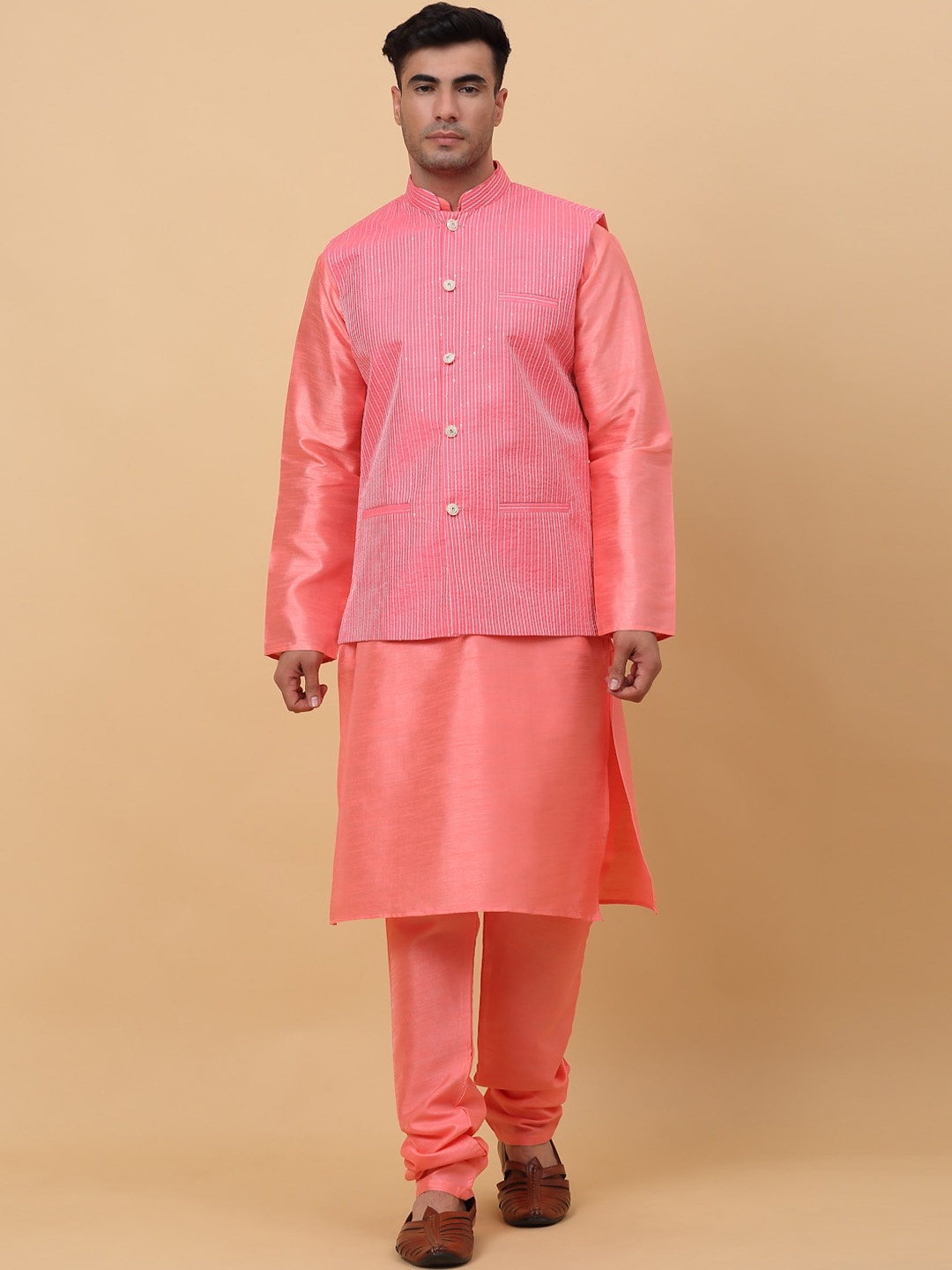 

KRAFT INDIA Mandarin Collar Kurta With Churidar & Striped Sequinned Nehru Jacket, Pink