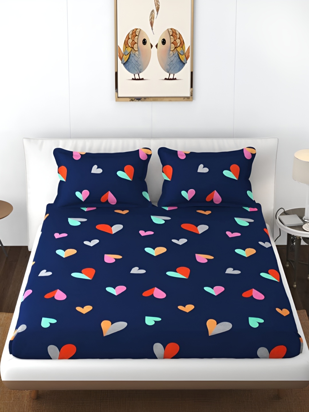 

DECOR VATIKA Blue & Red Conversational 144 TC Queen Bedsheet with 2 Pillow Covers