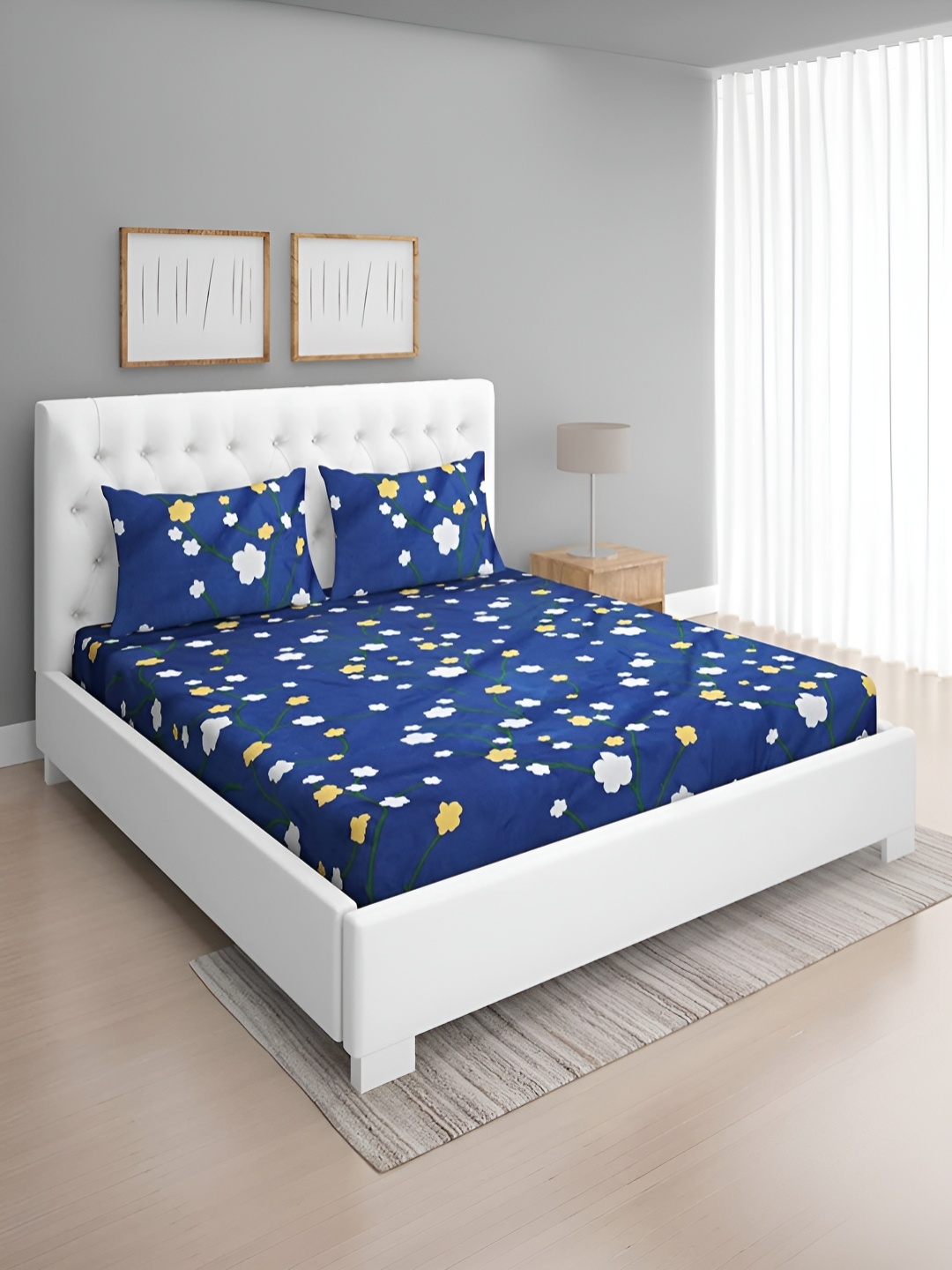 

DECOR VATIKA Blue & White Floral 144 TC Queen Bedsheet with 2 Pillow Covers