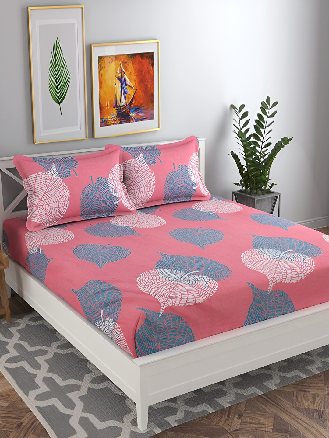 

DECOR VATIKA Pink & Blue Floral 144 TC Queen Bedsheet with 2 Pillow Covers